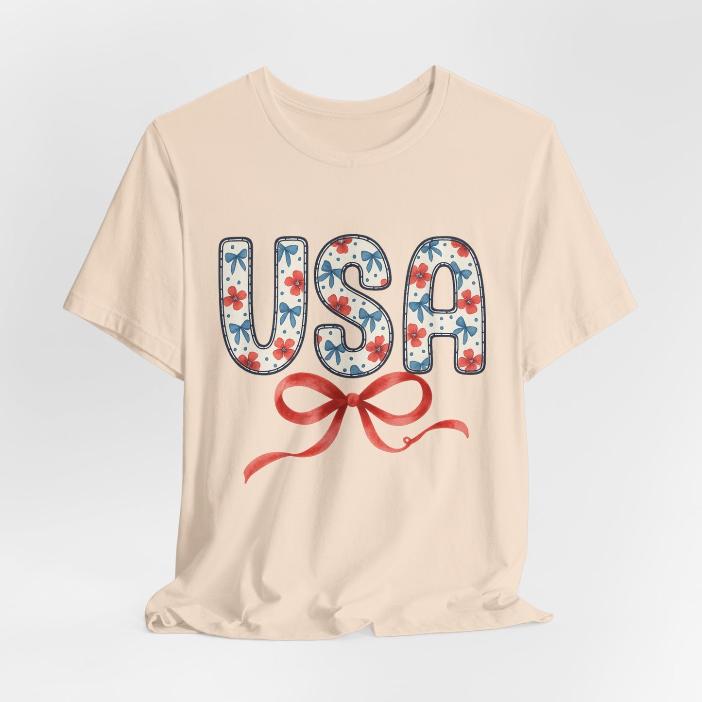 USA Floral Graphic Tee with Ribbon – 4th of July Patriotic Shirt