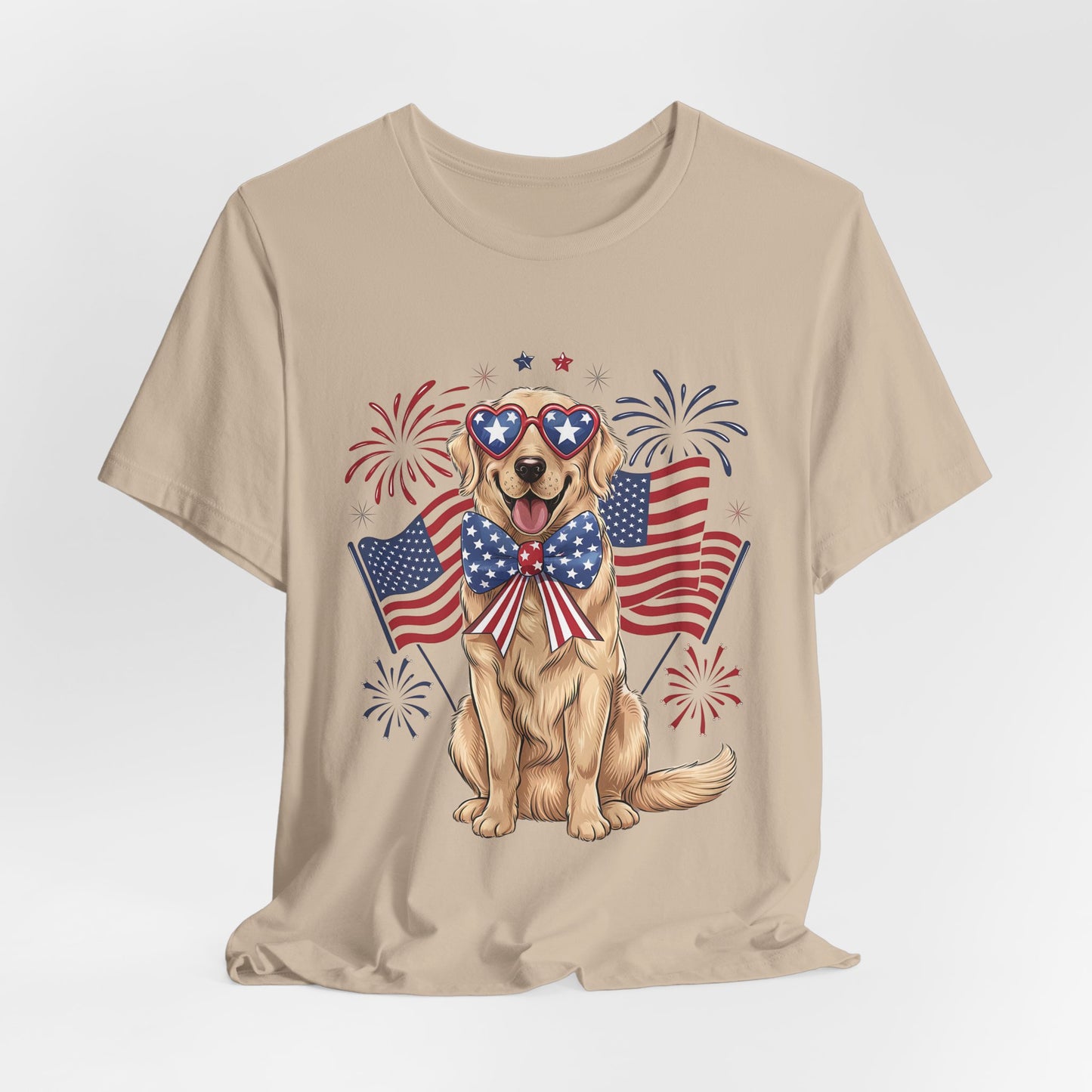 Patriotic Golden Retriever T‑Shirt — USA Flag Dog with Fireworks