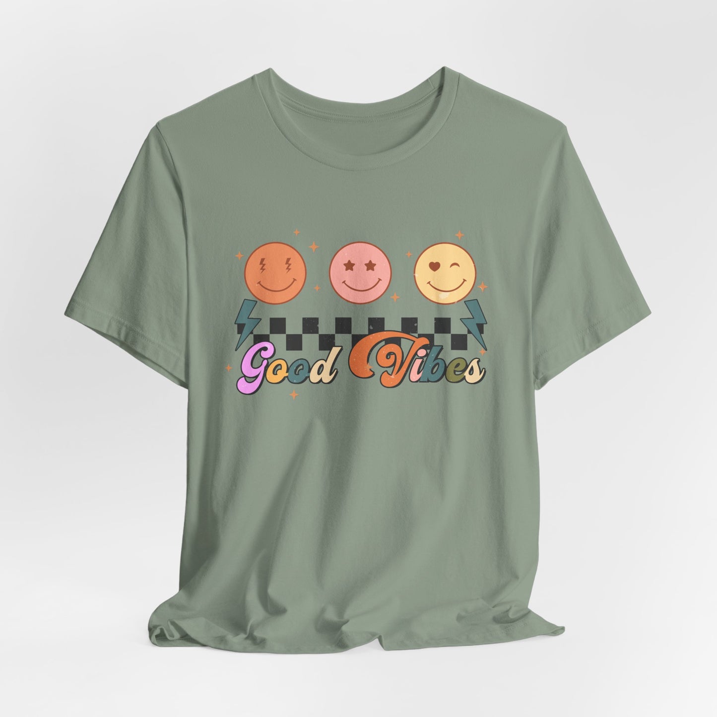Good Vibes Smiley Tee — Retro Checkerboard Positive Graphic T-Shirt