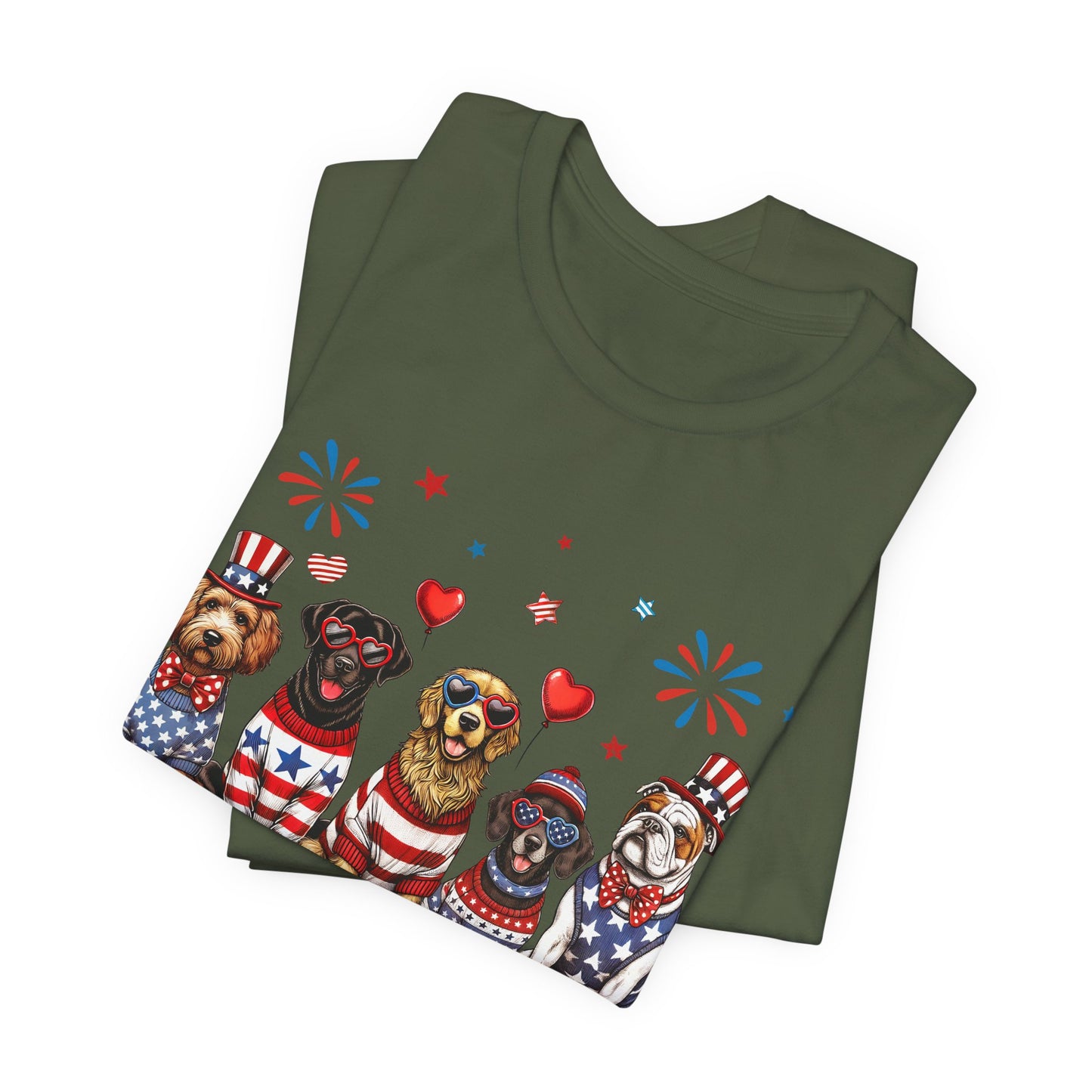 Patriotic Dogs T‑Shirt — 4th of July American Flag Pups Tee