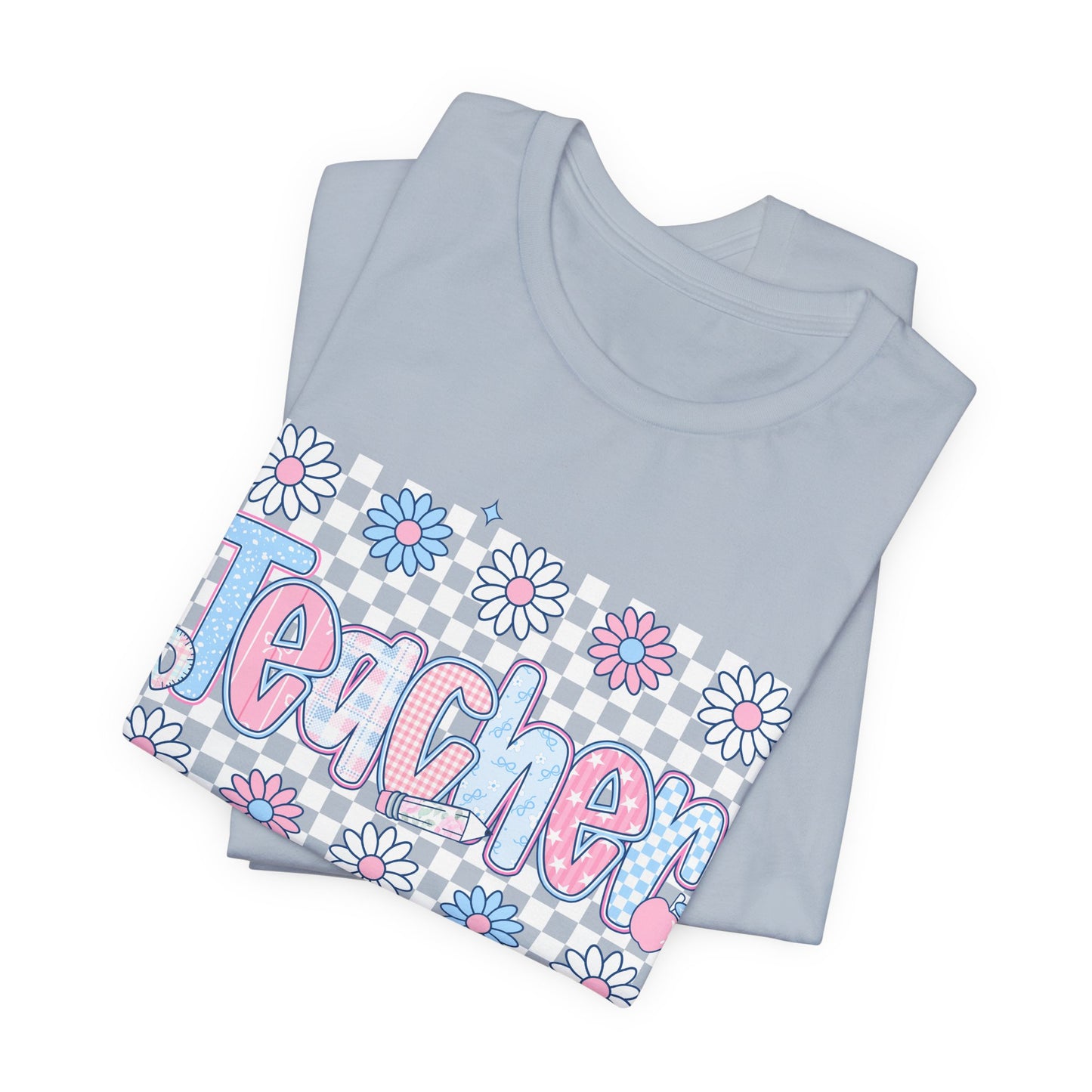 Teacher Daisy Graphic Tee – Cute Pink & Blue Floral Classroom Shirt
