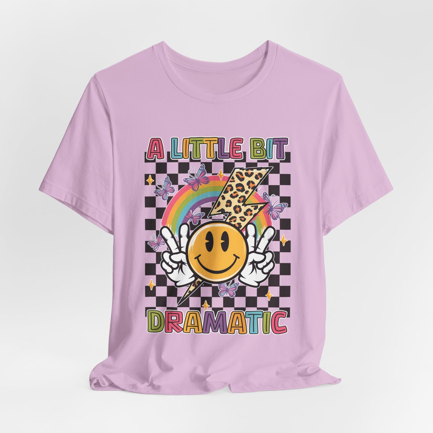 A Little Bit Dramatic Graphic Tee — Smiley Rainbow Checkerboard T-Shirt
