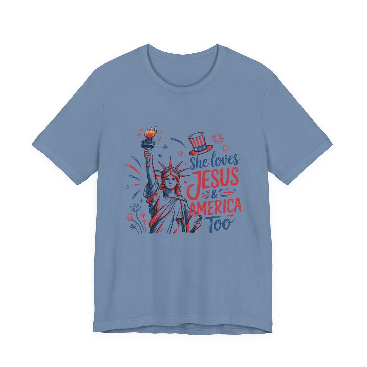 She Loves Jesus & America Too T-Shirt – Patriotic Statue of Liberty Christian Tee