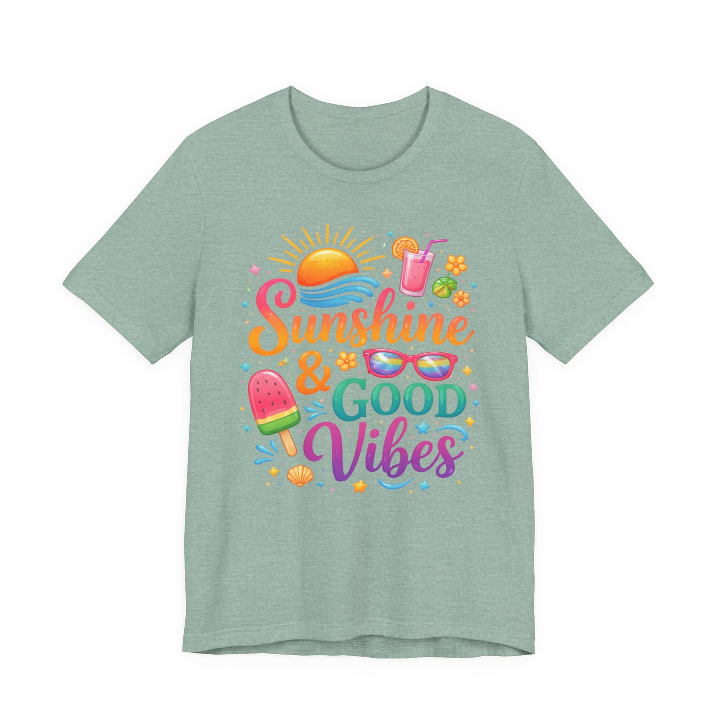 Sunshine & Good Vibes T-Shirt | Summer Beach Drink Sunglasses Popsicle Design