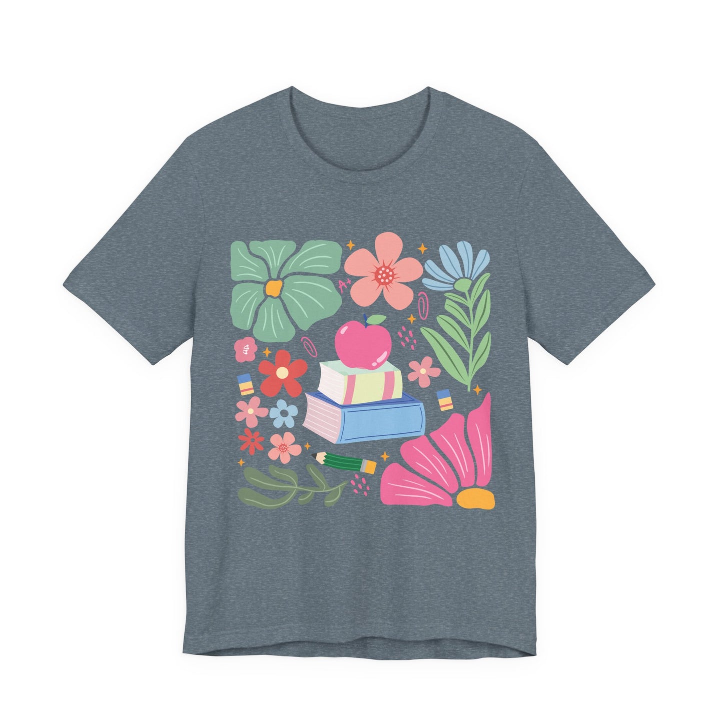 Floral Books & Apple Tee — Cute Spring Reading T-Shirt