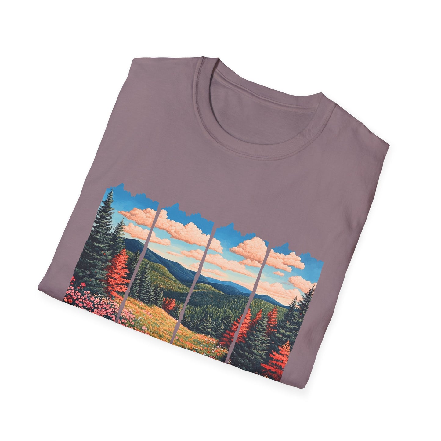 Scenic Meadow Sunrise T-Shirt — Vintage Window Pane Mountain Landscape Tee
