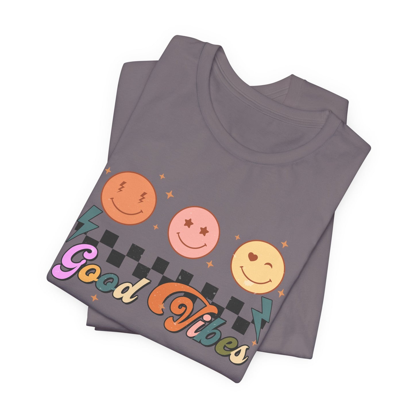 Good Vibes Smiley Tee — Retro Checkerboard Positive Graphic T-Shirt