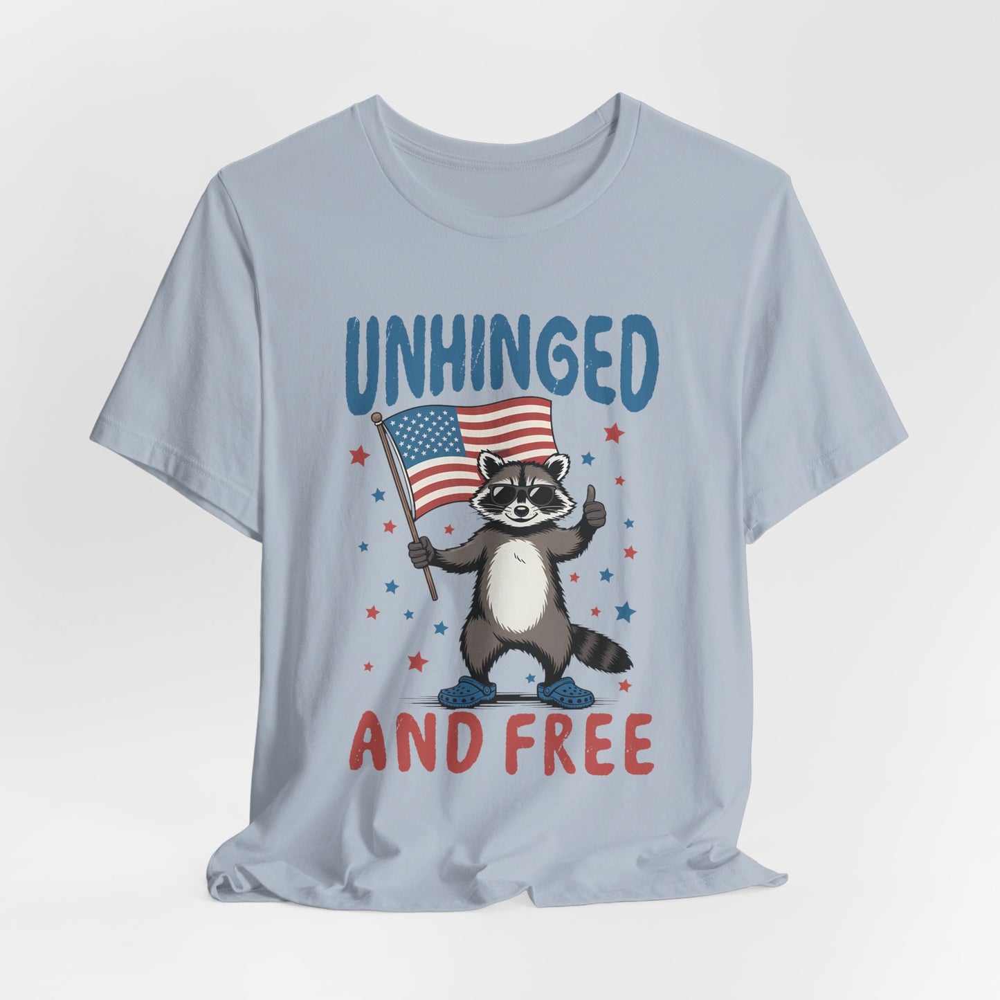 T‑Shirt — "Unhinged and Free" Raccoon American Flag Graphic Tee