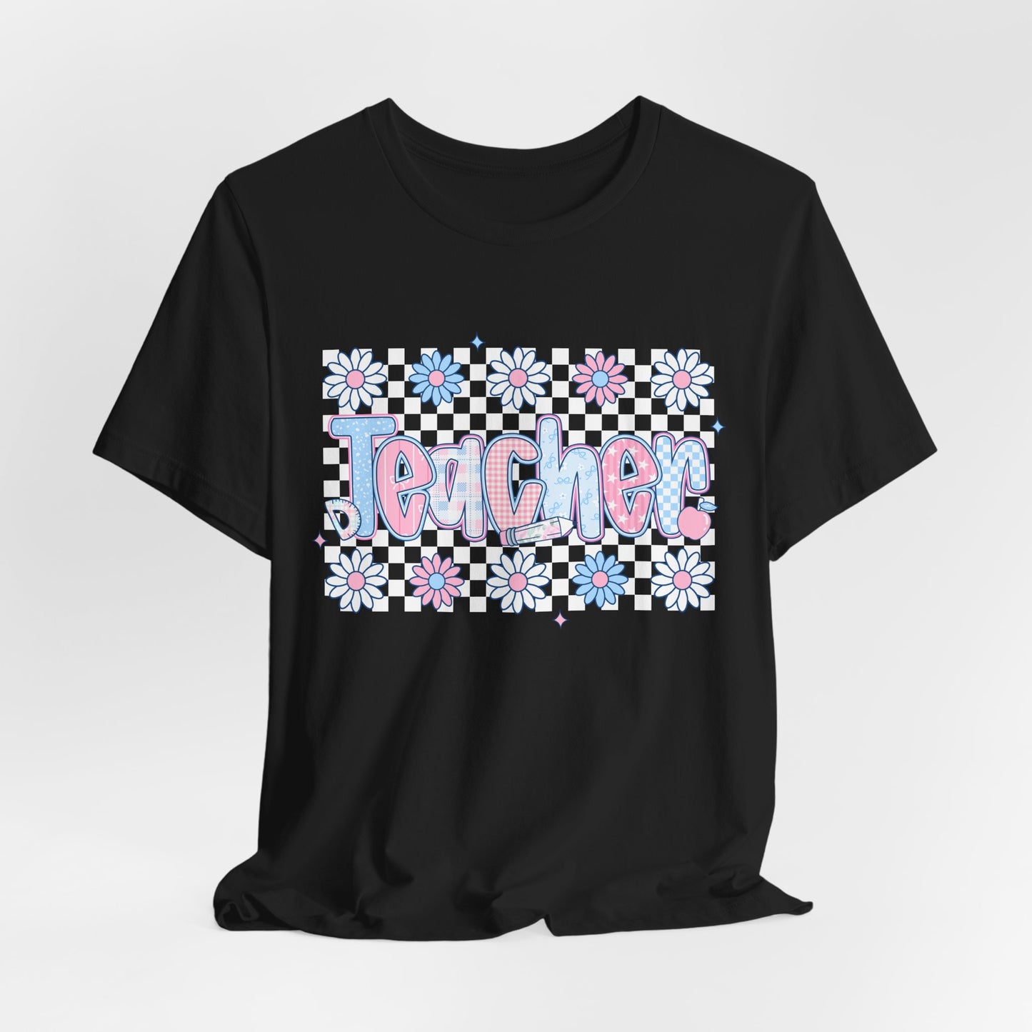 Teacher Daisy Graphic Tee – Cute Pink & Blue Floral Classroom Shirt