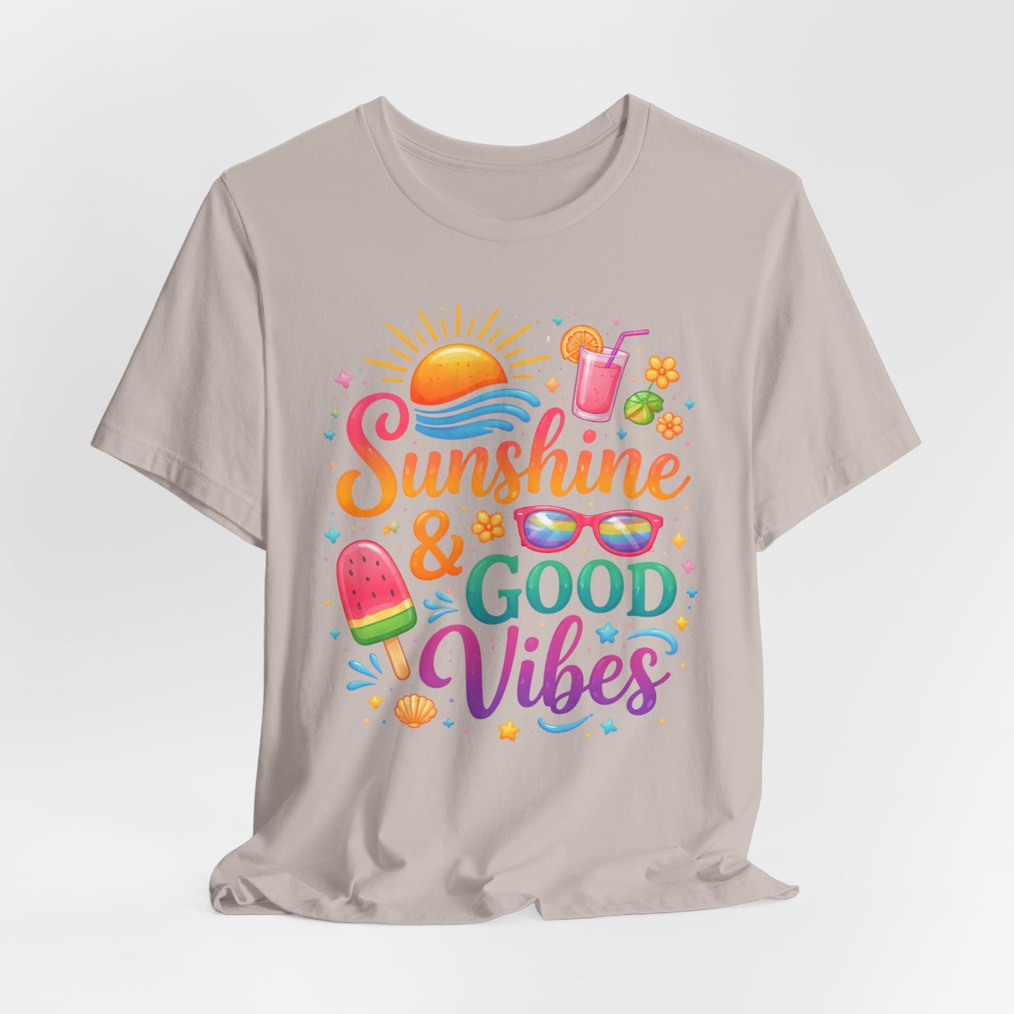 Sunshine & Good Vibes T-Shirt | Summer Beach Drink Sunglasses Popsicle Design