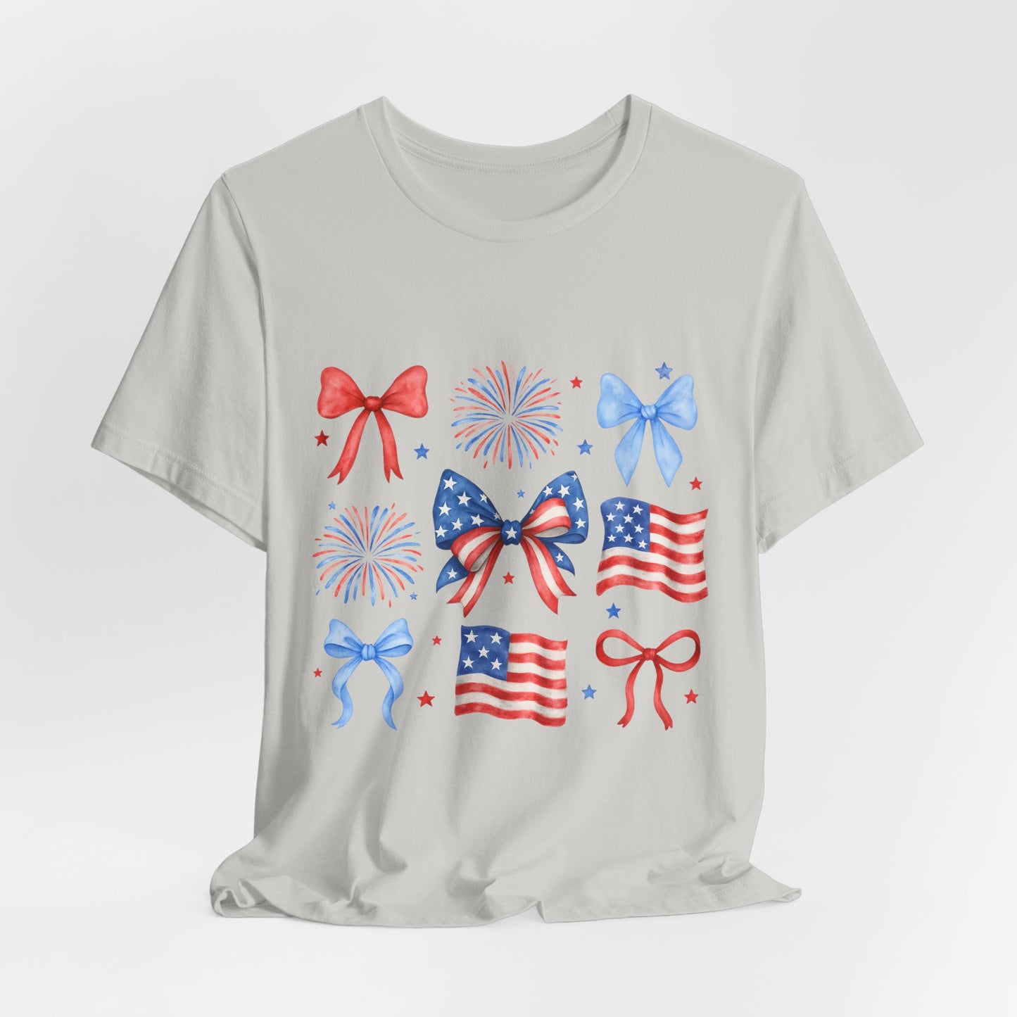 Patriotic Bows & Flags Tee — 4th of July Fireworks Graphic T-Shirt