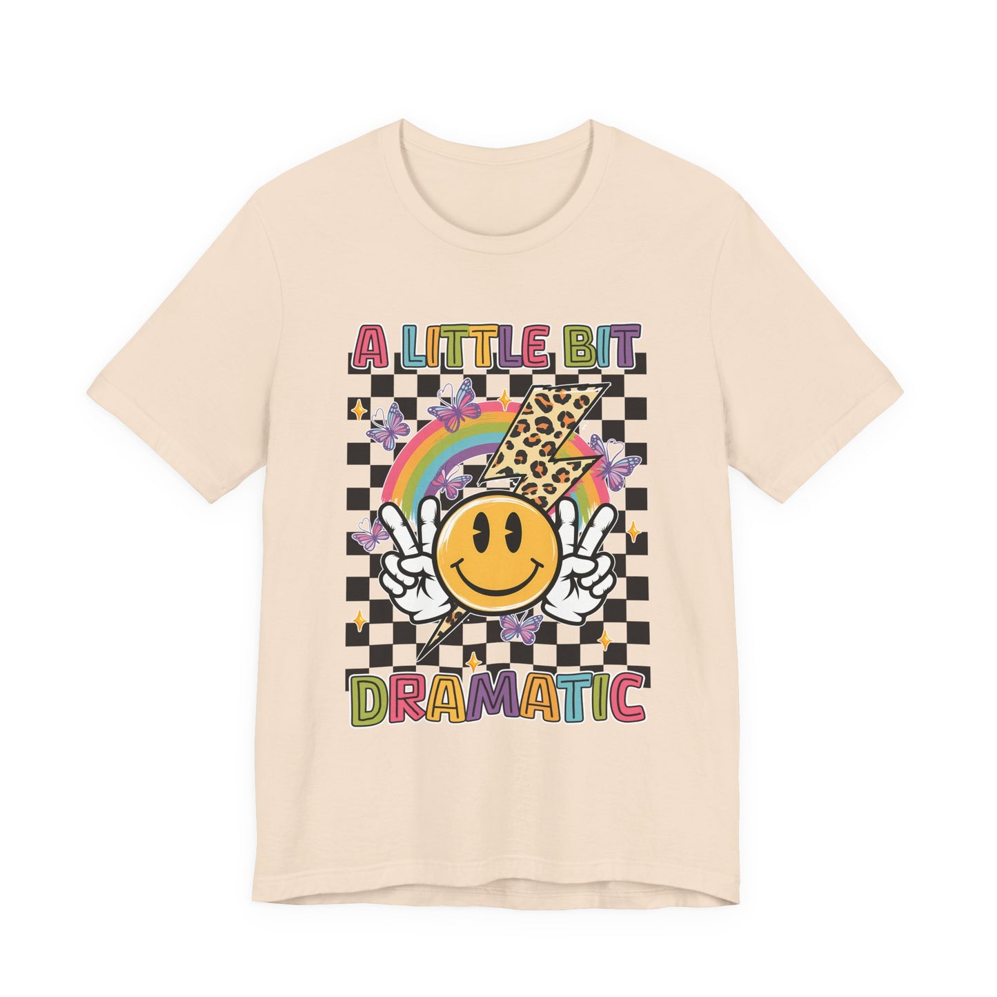 A Little Bit Dramatic Graphic Tee — Smiley Rainbow Checkerboard T-Shirt