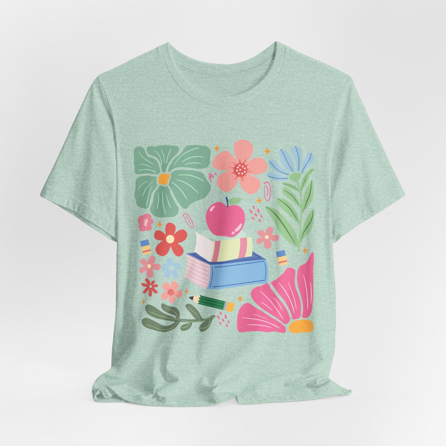 Floral Books & Apple Tee — Cute Spring Reading T-Shirt