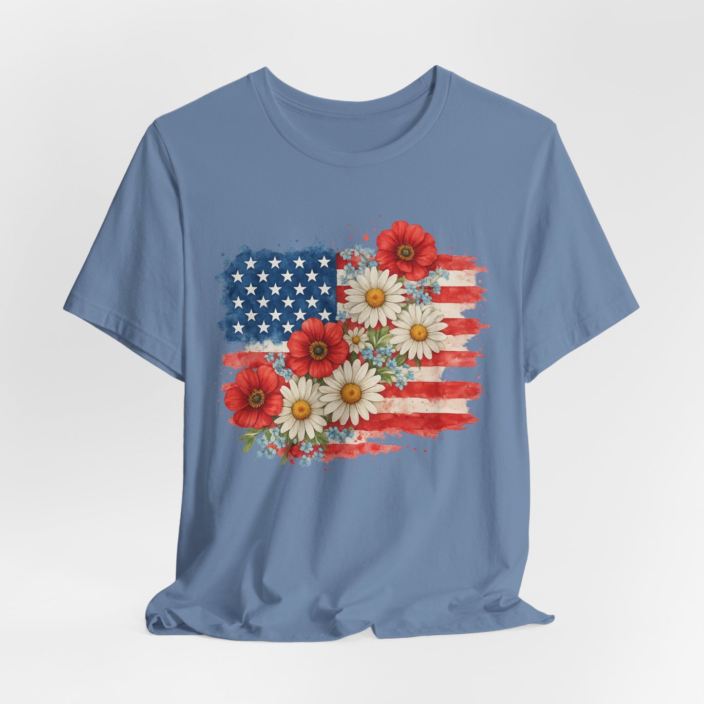 American Flag Floral T‑Shirt – Patriotic Daisy & Poppy USA Tee