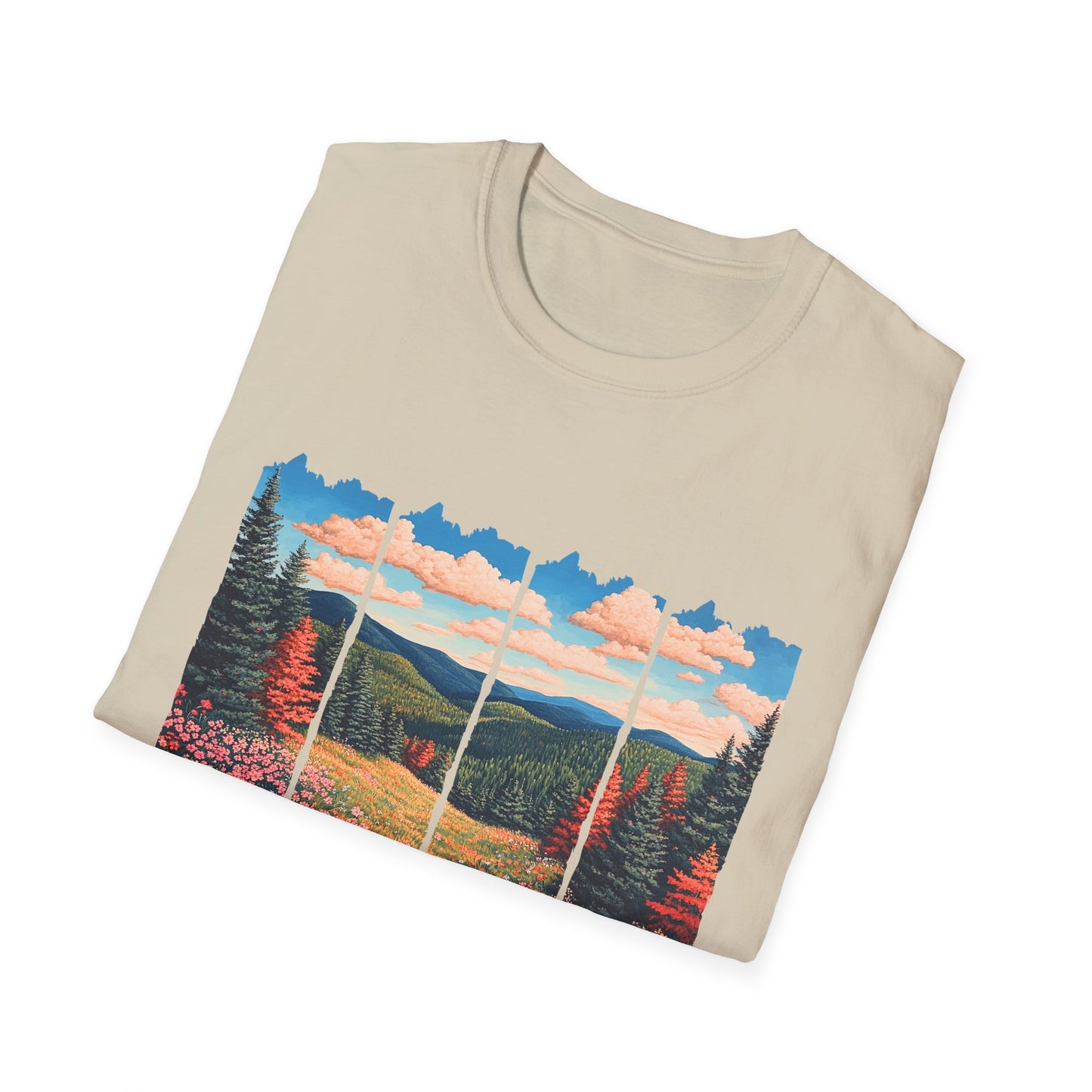 Scenic Meadow Sunrise T-Shirt — Vintage Window Pane Mountain Landscape Tee