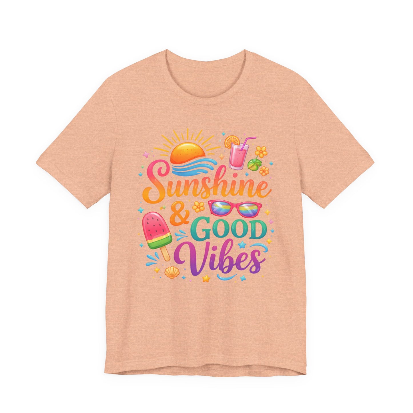 Sunshine & Good Vibes T-Shirt | Summer Beach Drink Sunglasses Popsicle Design