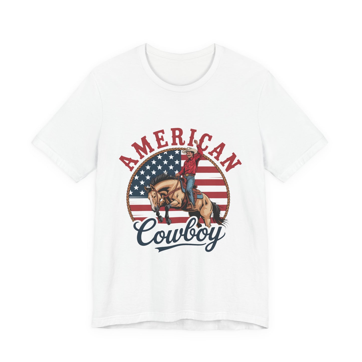 American Cowboy T-Shirt – patriotic rodeo tee with flag and rider