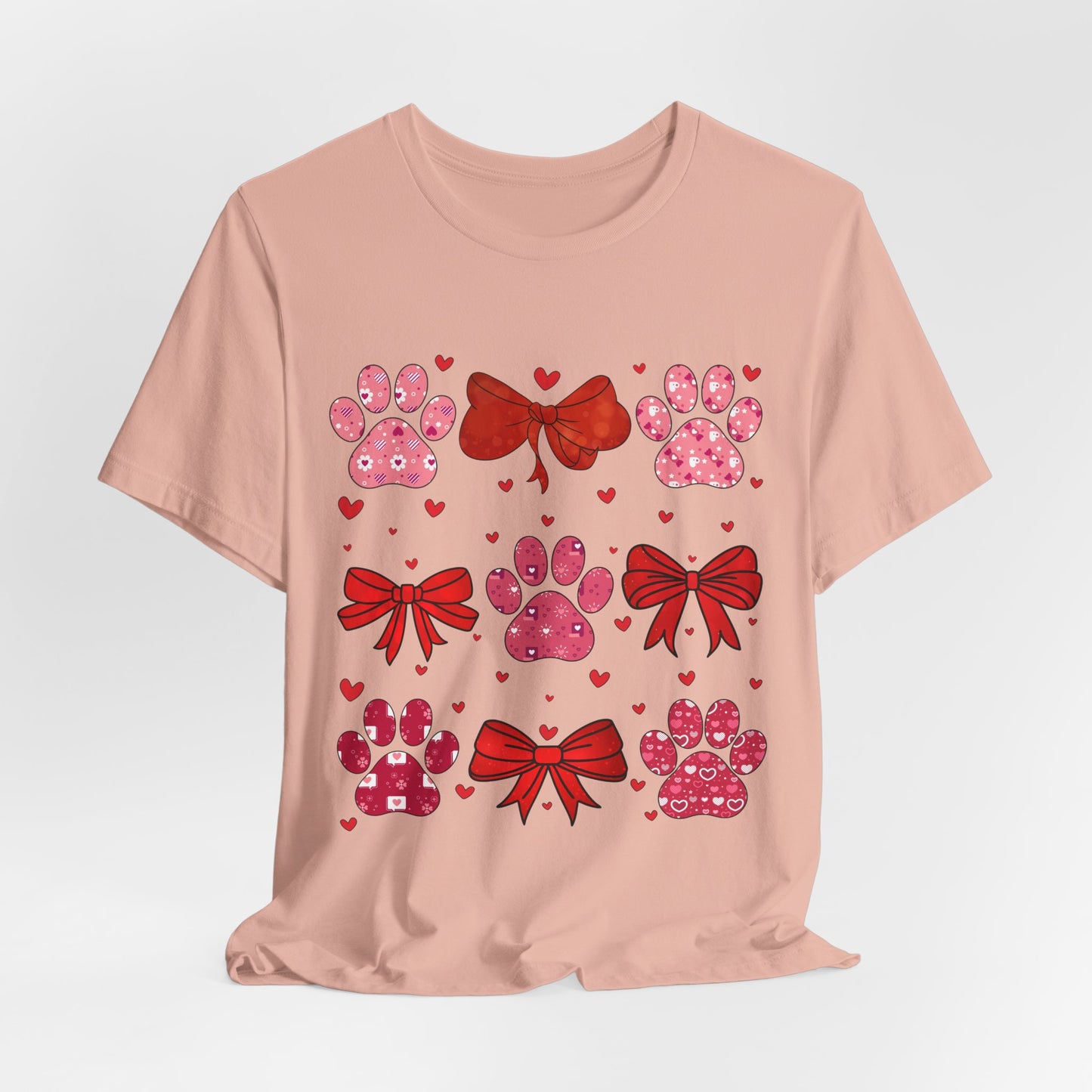 Valentine Paw Prints T‑Shirt — Cute Red Bows & Hearts Pet Lover Tee