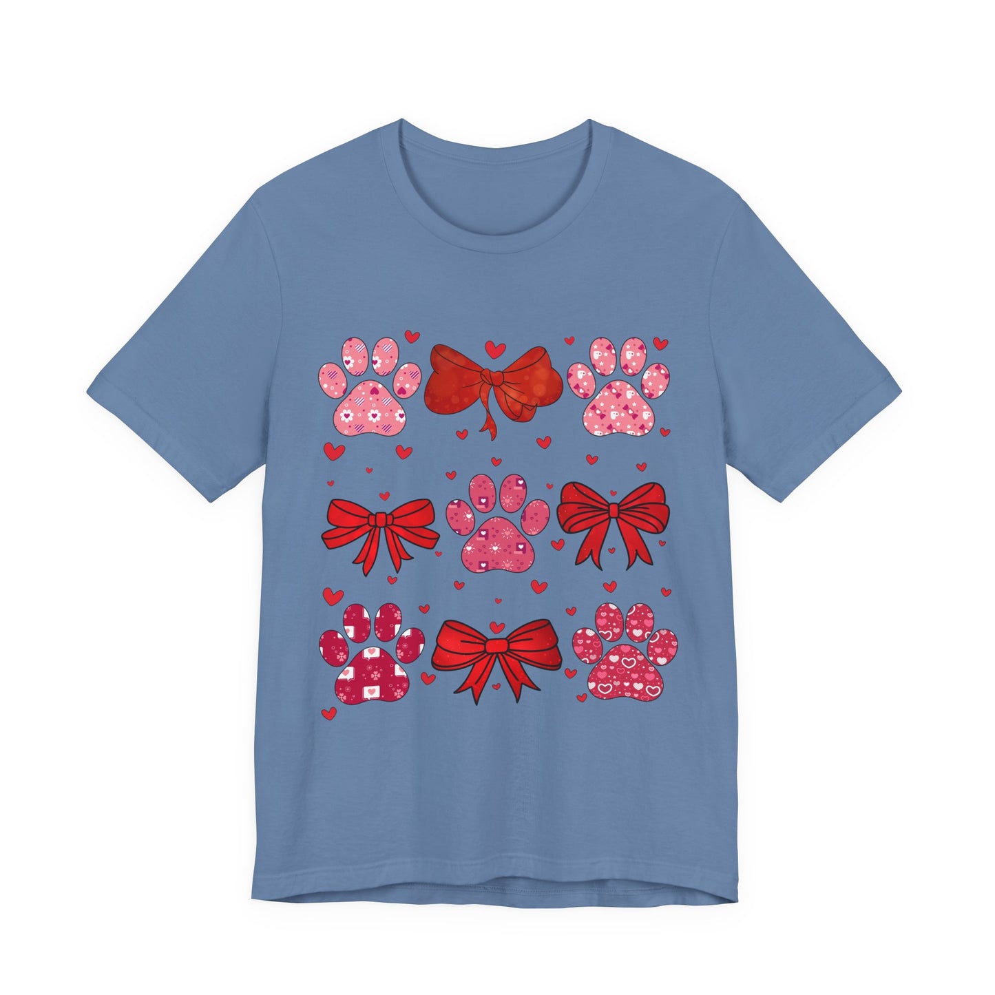 Valentine Paw Prints T‑Shirt — Cute Red Bows & Hearts Pet Lover Tee