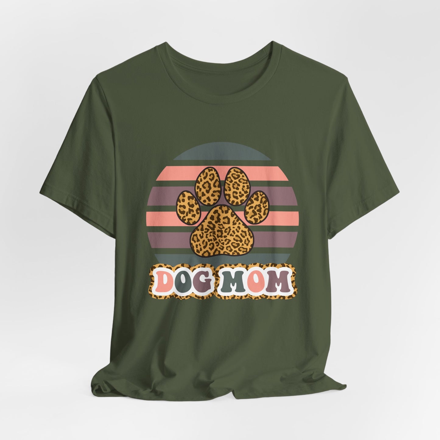 Dog Mom Leopard Paw Tee — Retro Striped Pet Lover T‑Shirt