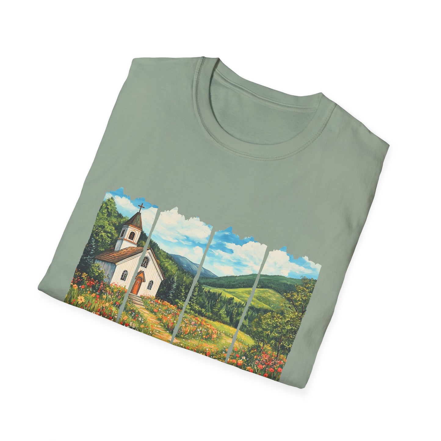 Scenic Chapel Landscape T-Shirt — Countryside Floral Mountain Art Tee