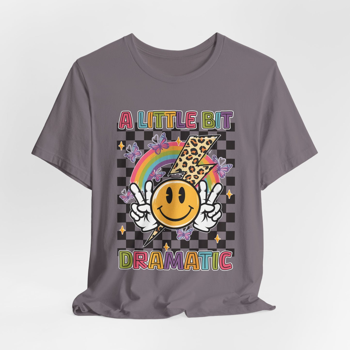 A Little Bit Dramatic Graphic Tee — Smiley Rainbow Checkerboard T-Shirt
