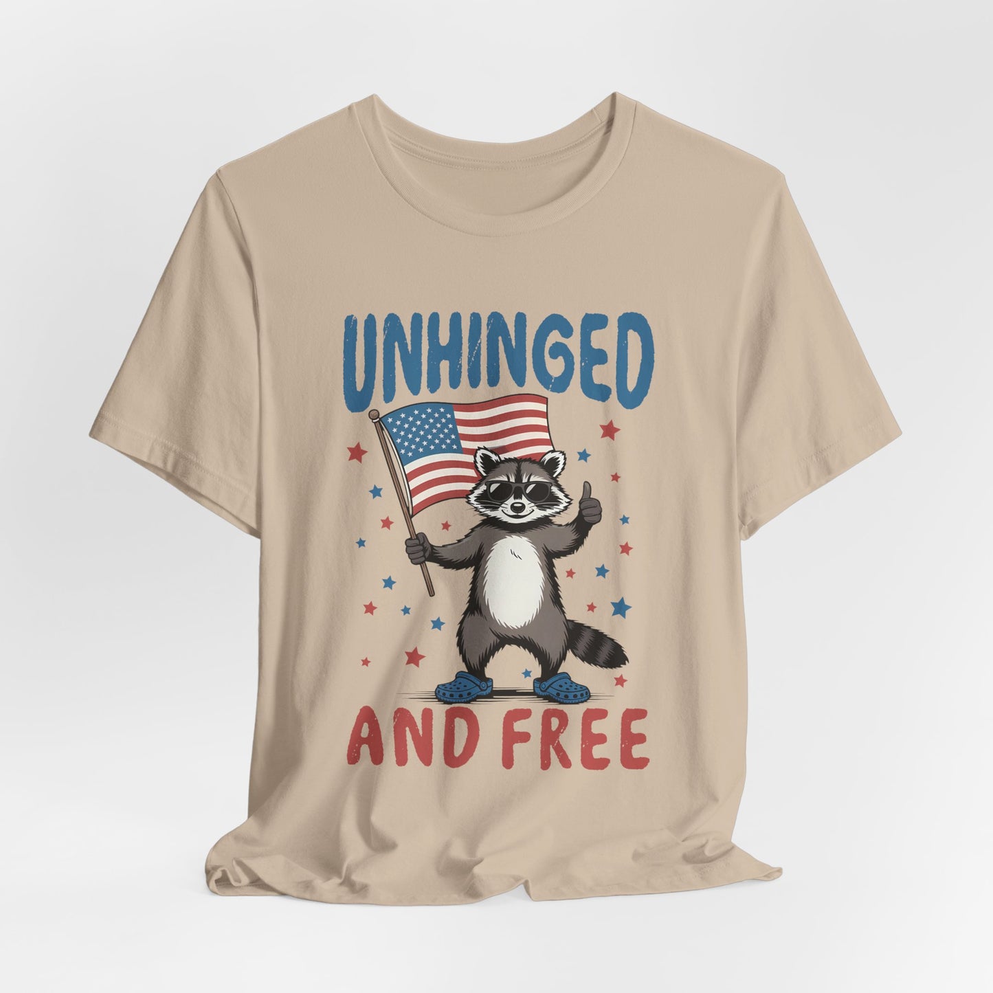 T‑Shirt — "Unhinged and Free" Raccoon American Flag Graphic Tee