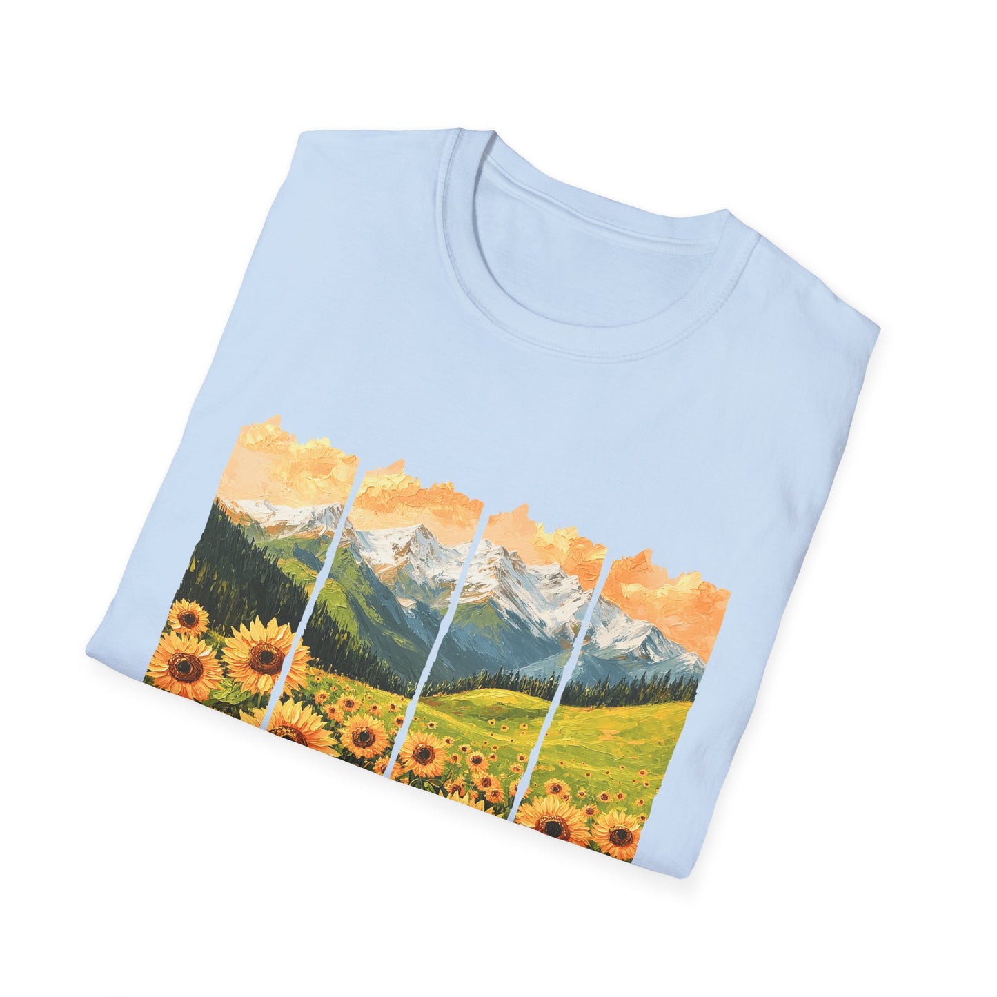 Sunflower Mountain Poster T-Shirt — Scenic Field & Peaks Graphic Tee