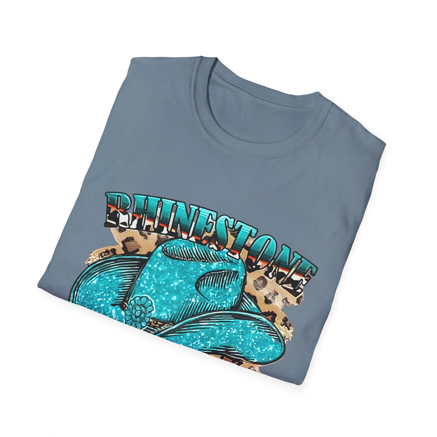Rhinestone Cowgirl Tee – Turquoise Cowboy Hat on Leopard Print