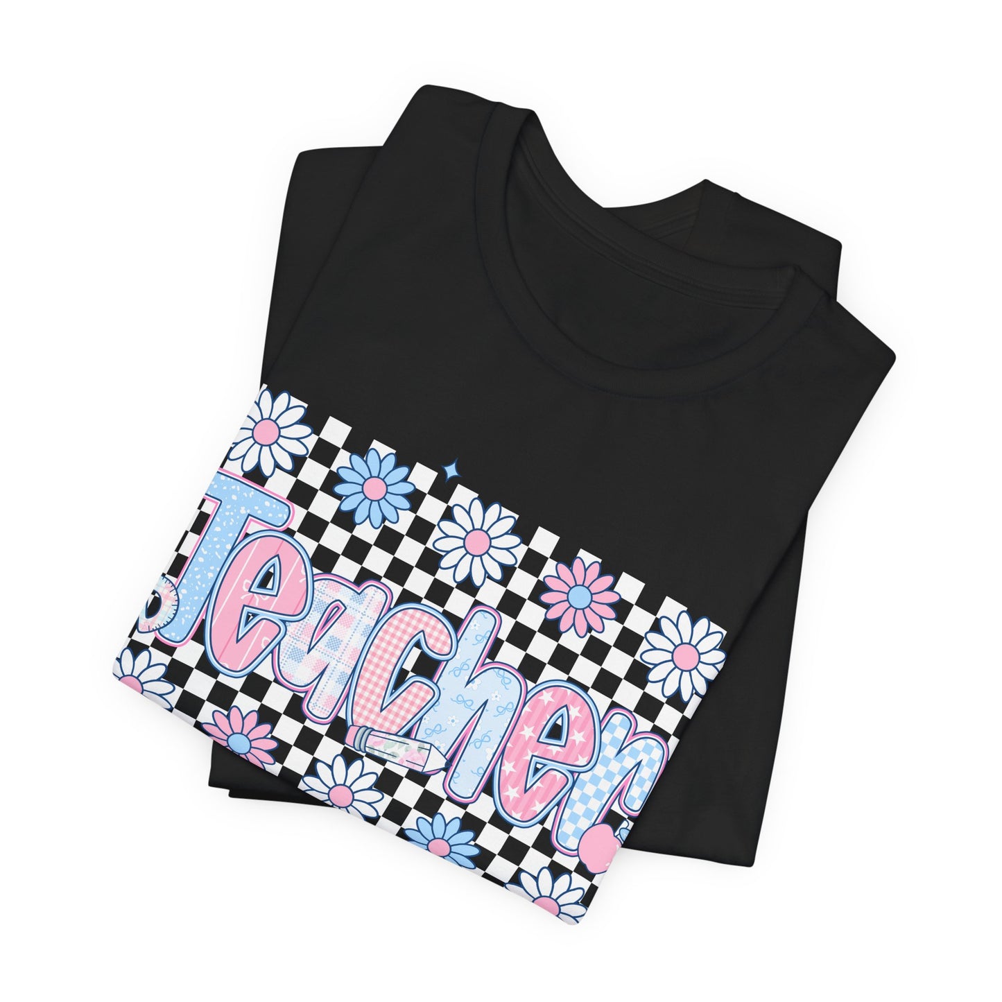 Teacher Daisy Graphic Tee – Cute Pink & Blue Floral Classroom Shirt
