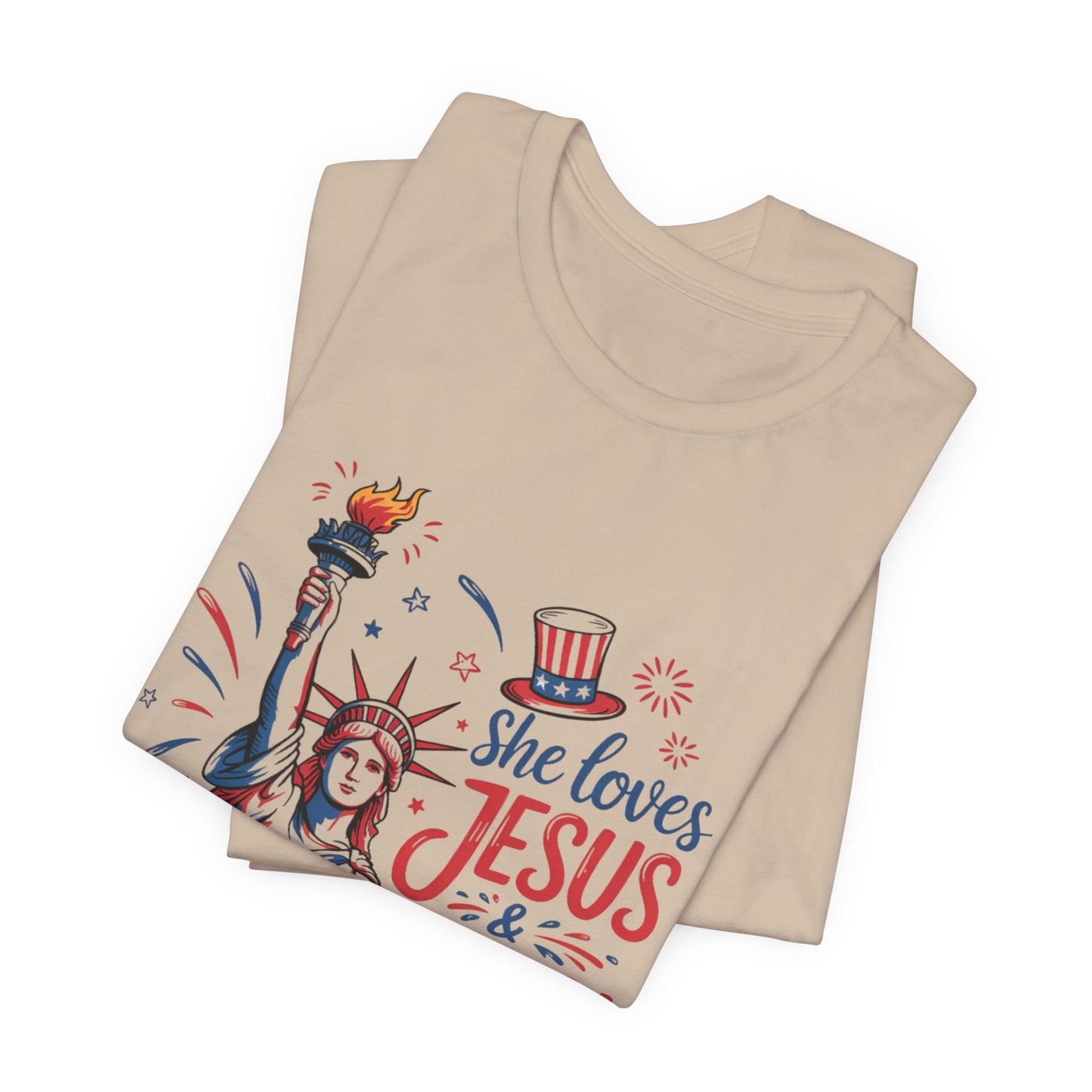 She Loves Jesus & America Too T-Shirt – Patriotic Statue of Liberty Christian Tee