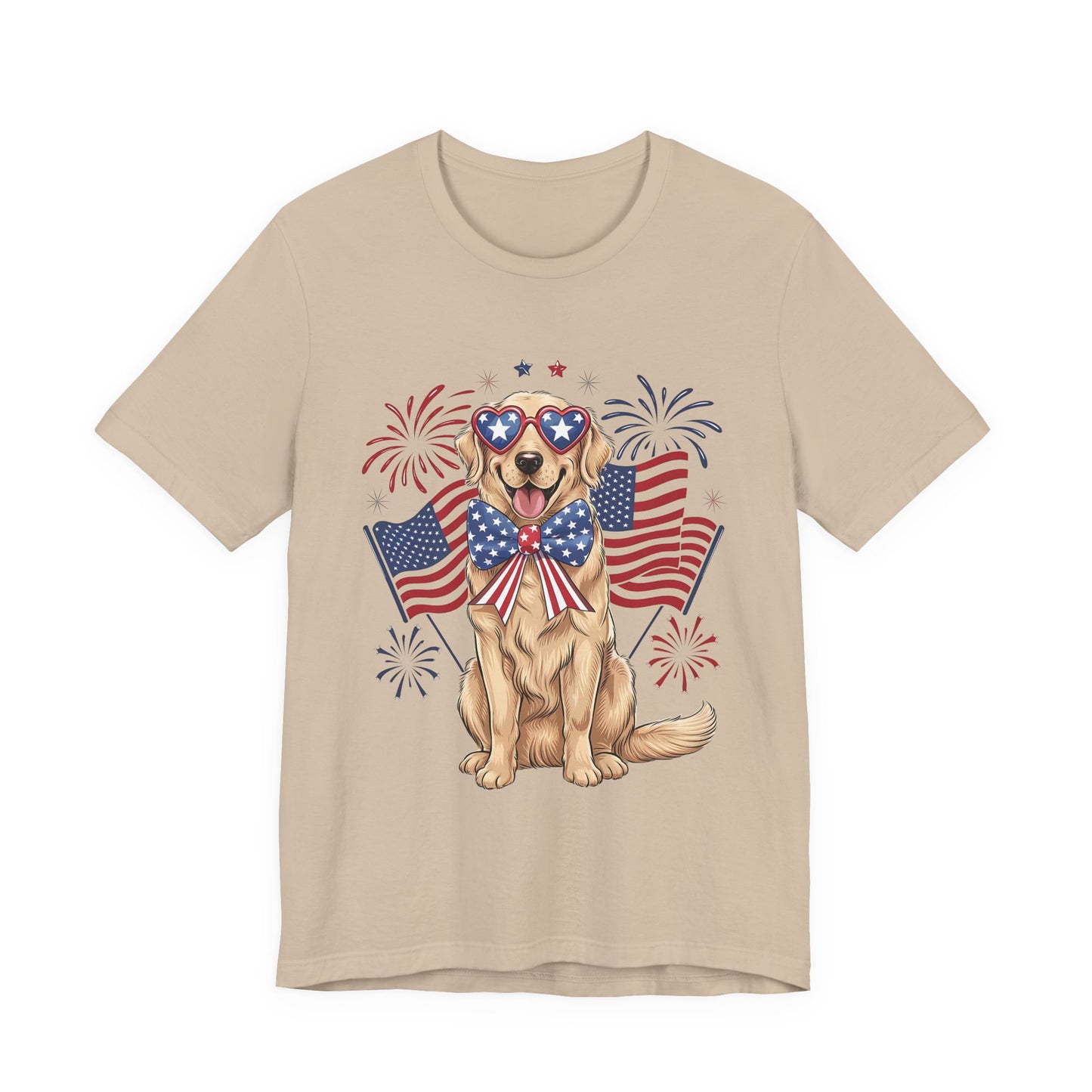 Patriotic Golden Retriever T‑Shirt — USA Flag Dog with Fireworks