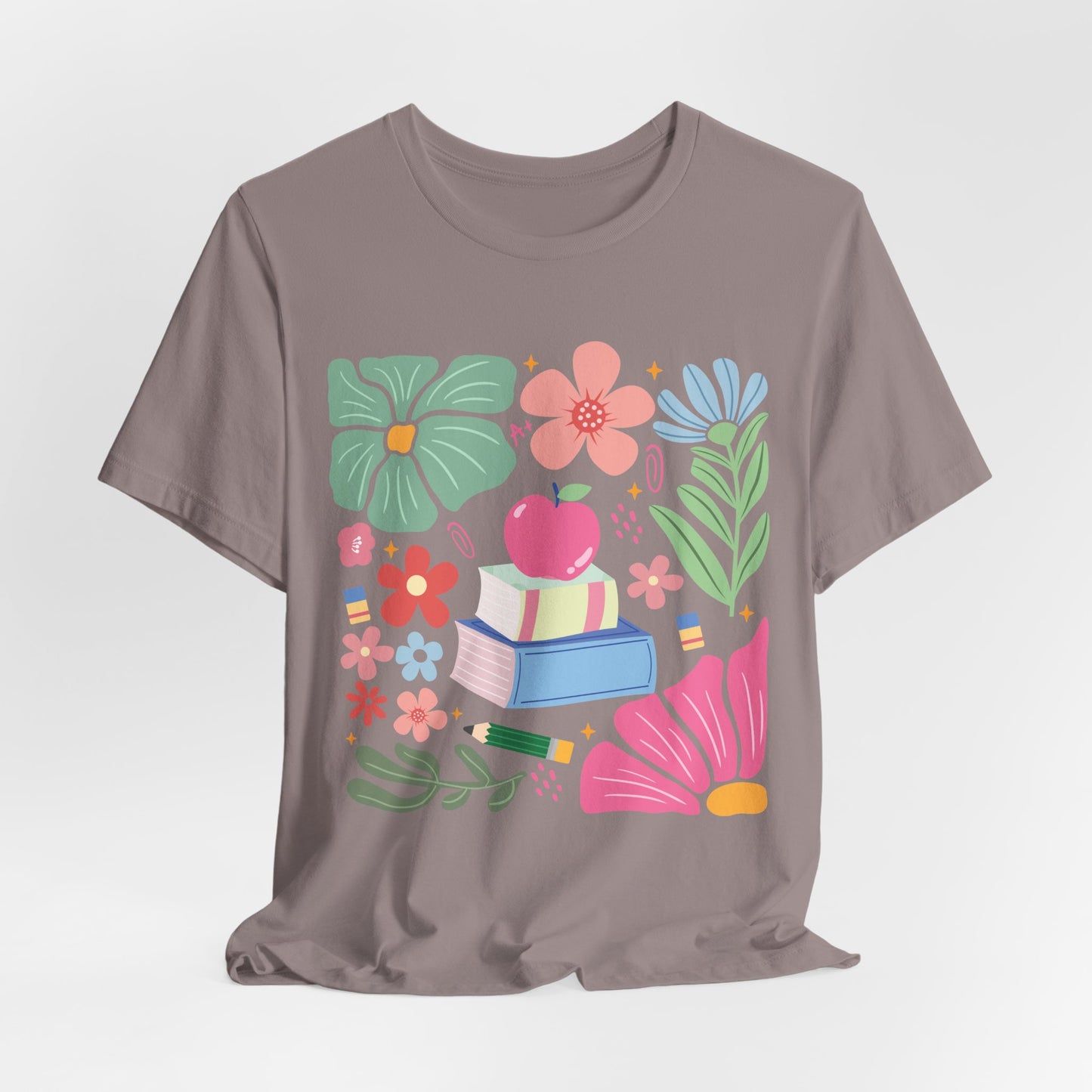 Floral Books & Apple Tee — Cute Spring Reading T-Shirt