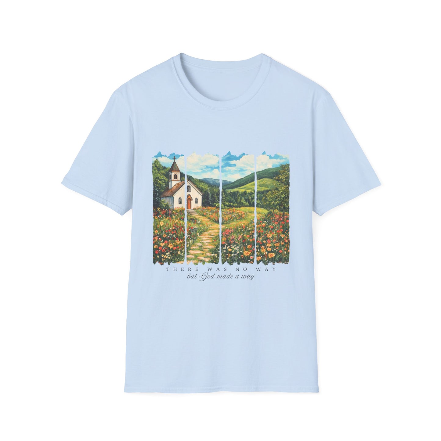 Scenic Chapel Landscape T-Shirt — Countryside Floral Mountain Art Tee