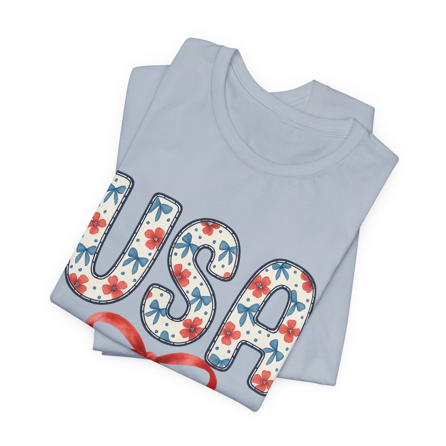 USA Floral Graphic Tee with Ribbon – 4th of July Patriotic Shirt