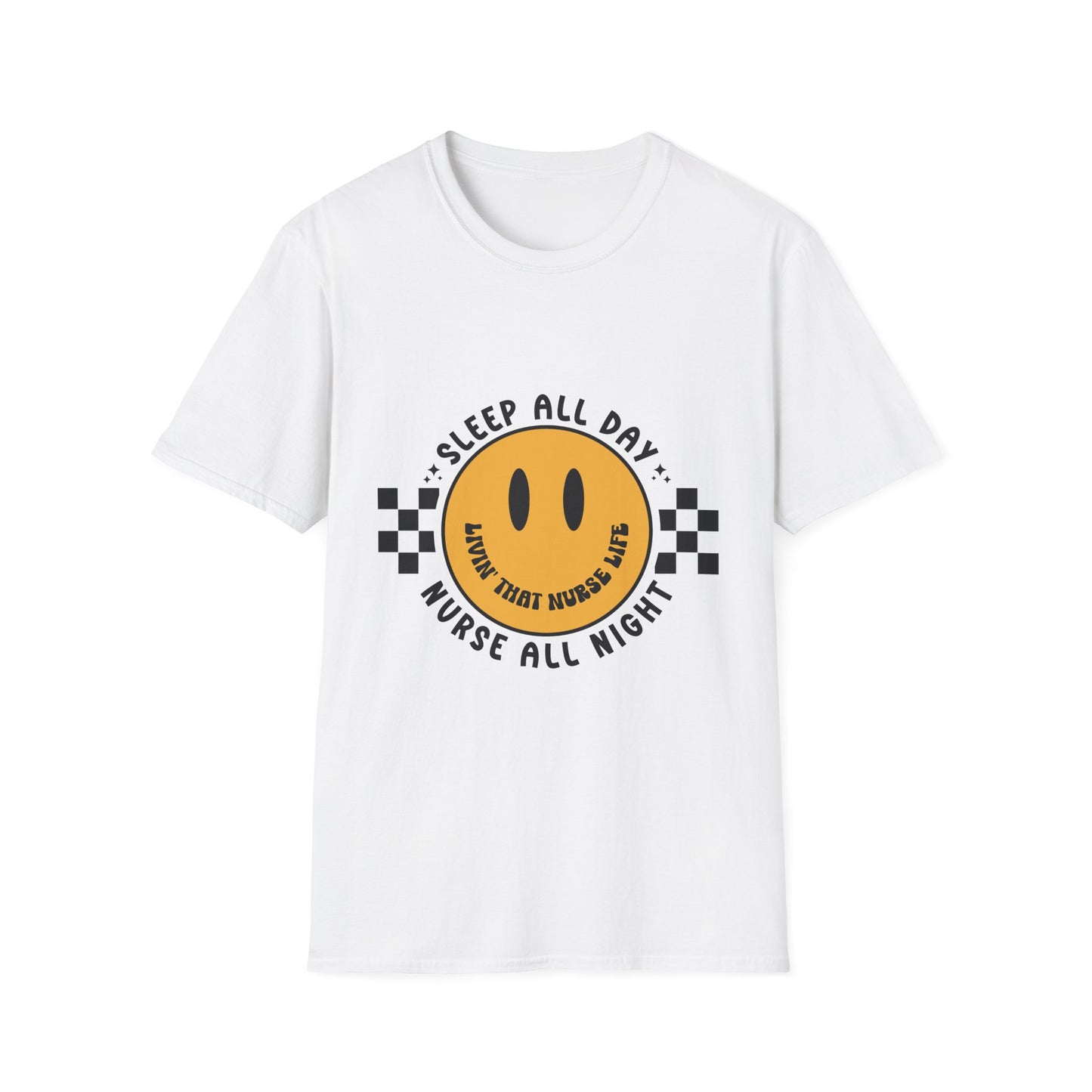 Nurse Smiley Tee — “Sleep All Day, Nurse All Night” Graphic T-Shirt