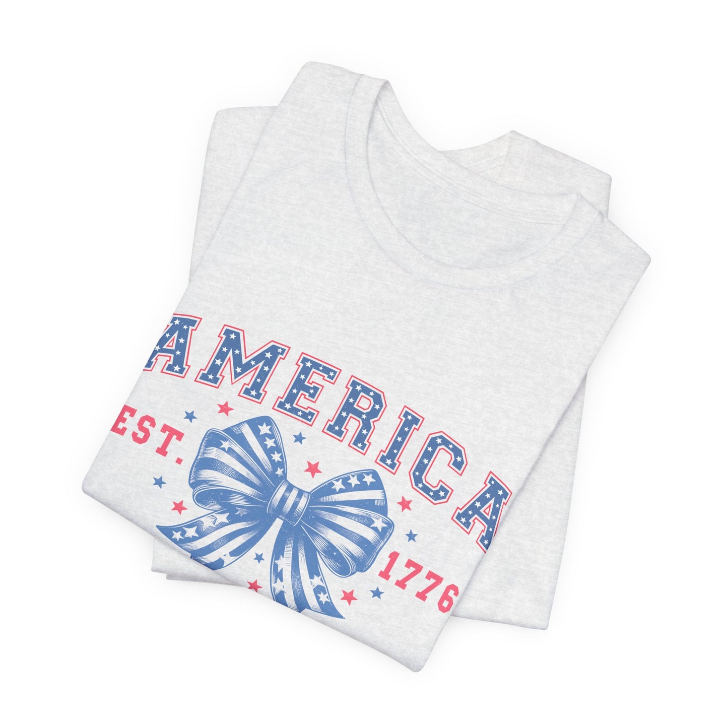 America Est. 1776 Patriotic T-Shirt – Stars & Stripes Bow Graphic