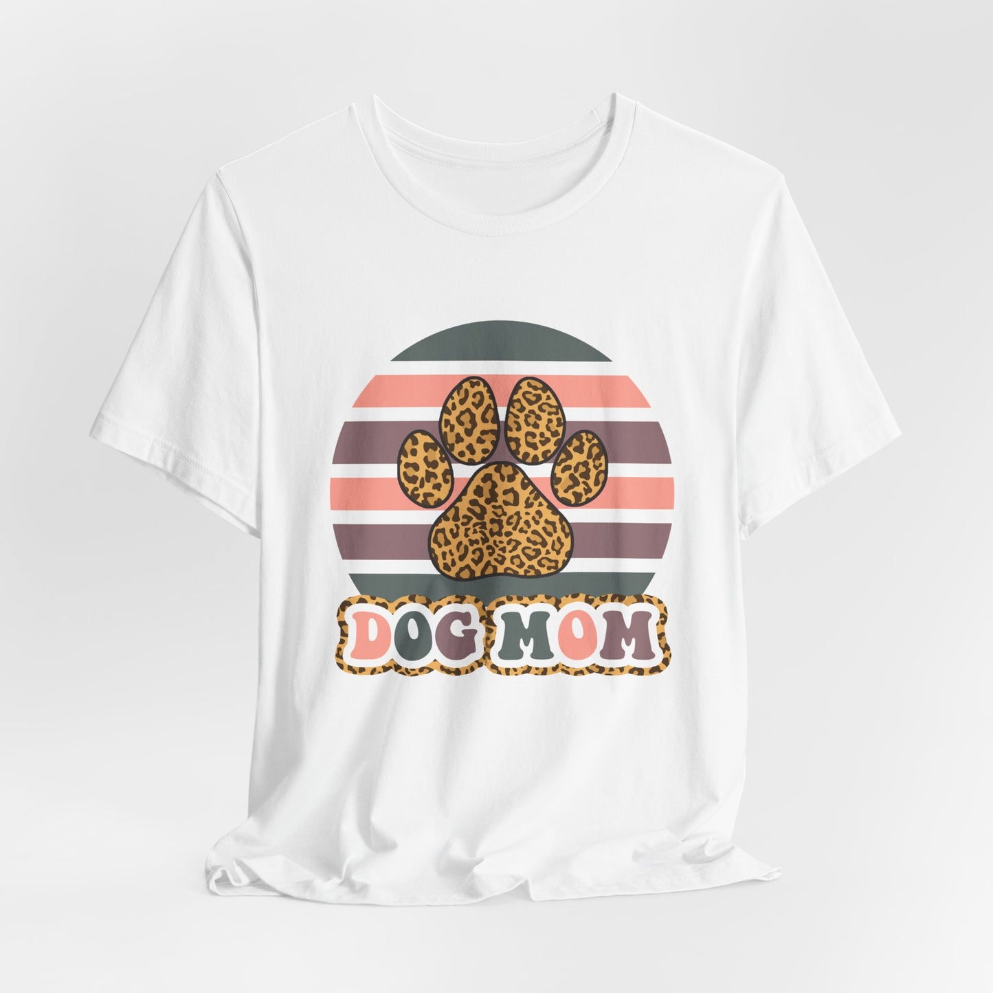 Dog Mom Leopard Paw Tee — Retro Striped Pet Lover T‑Shirt