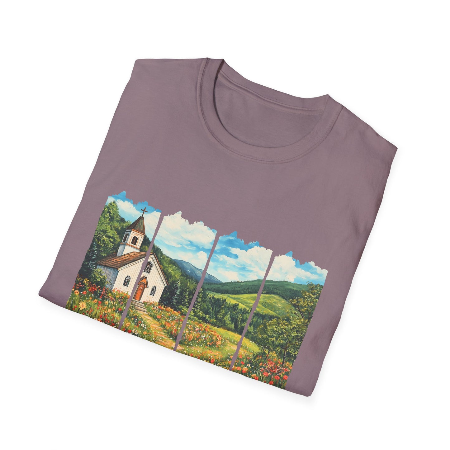 Scenic Chapel Landscape T-Shirt — Countryside Floral Mountain Art Tee