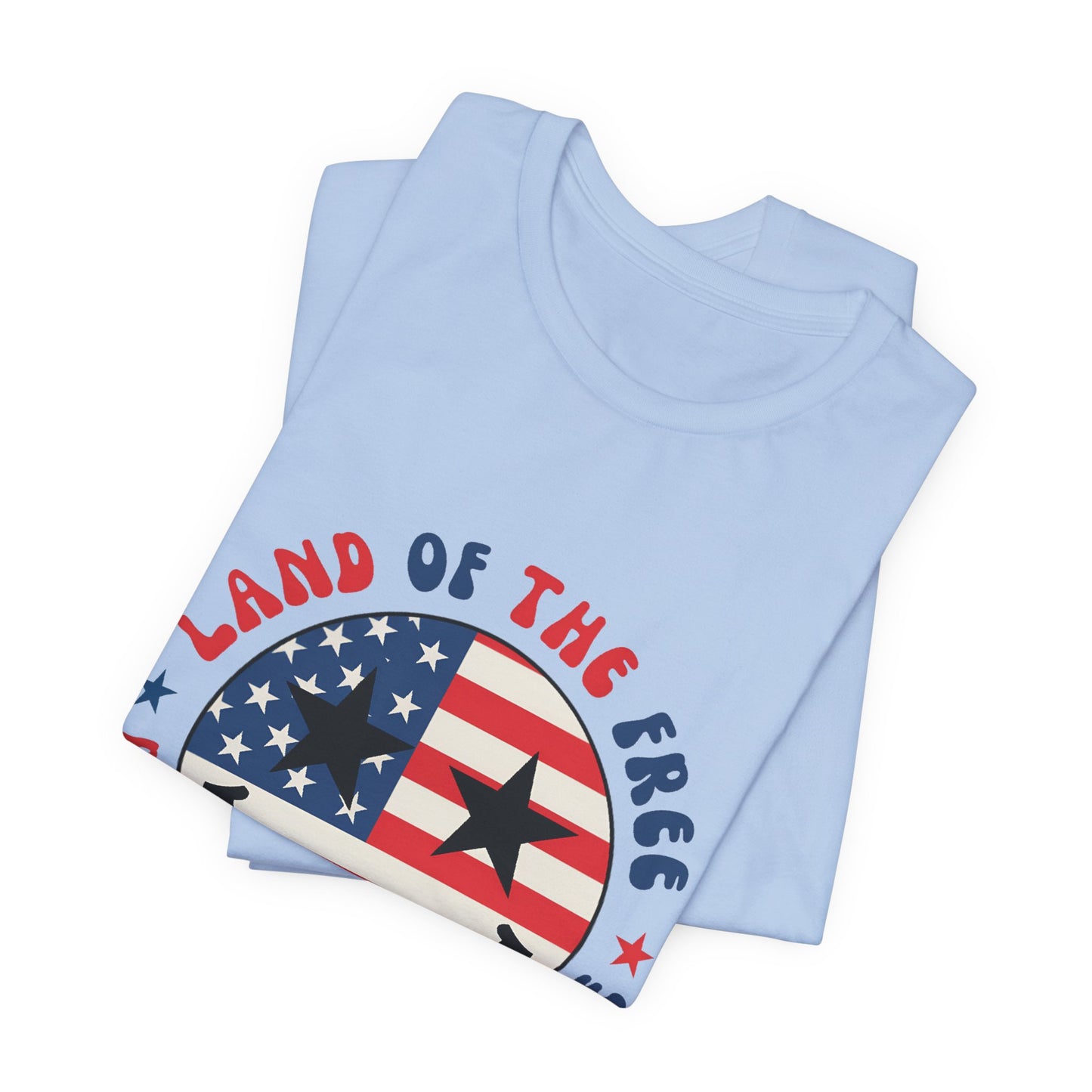 Patriotic Smiley Tee - "Land of the Free Because of the Brave" American Flag Shirt