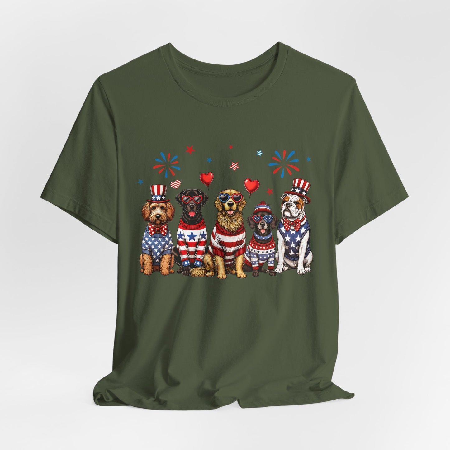 Patriotic Dogs T‑Shirt — 4th of July American Flag Pups Tee
