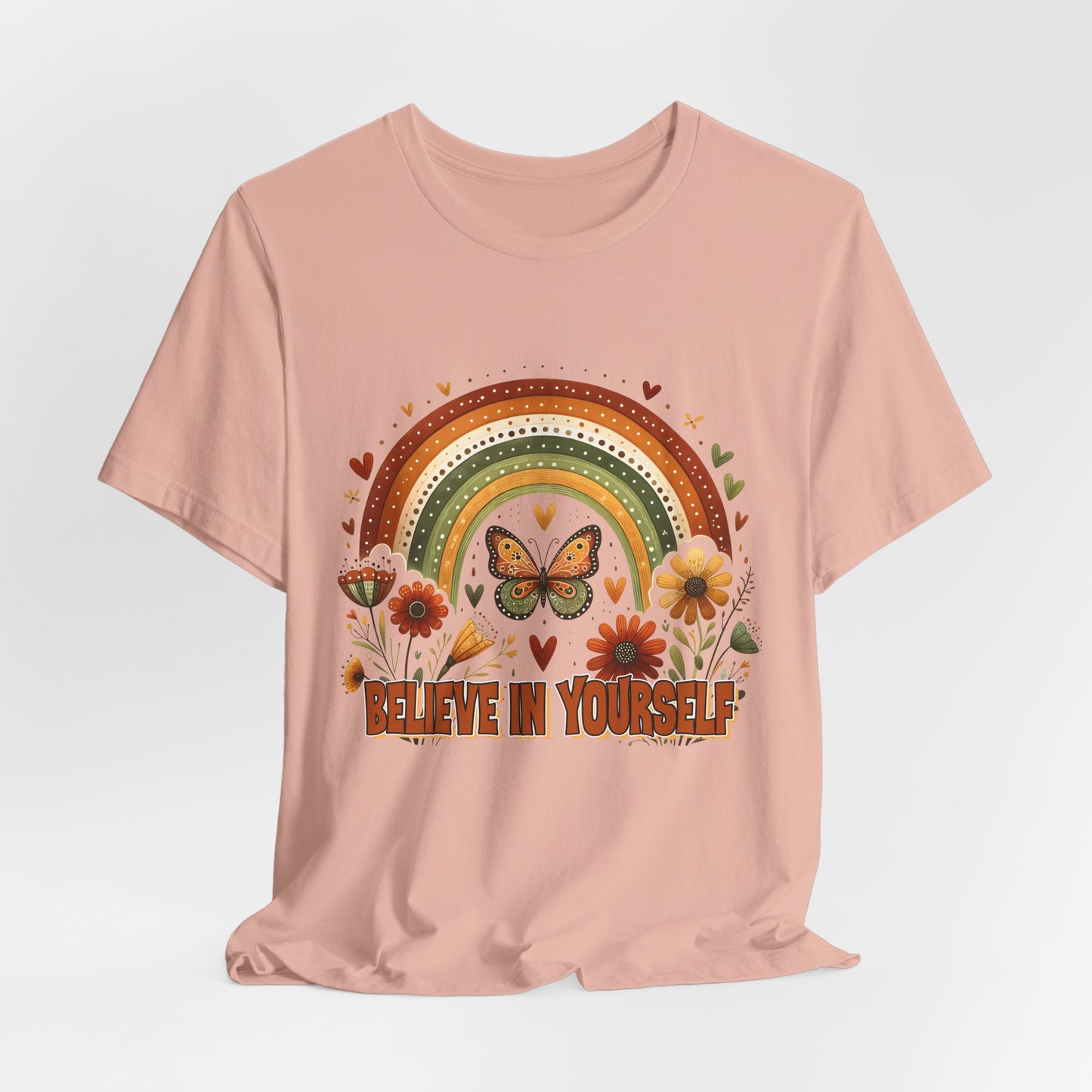 Believe In Yourself Butterfly Tee — Retro Rainbow Floral Inspirational T‑Shirt