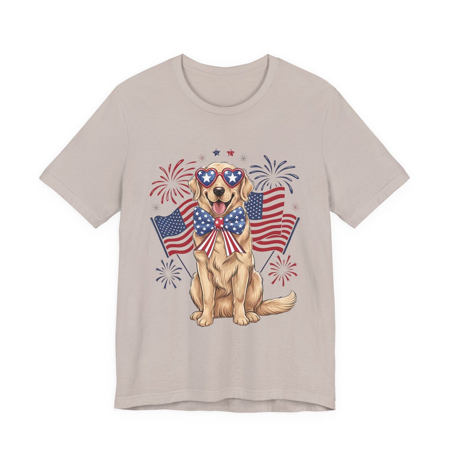 Patriotic Golden Retriever T‑Shirt — USA Flag Dog with Fireworks