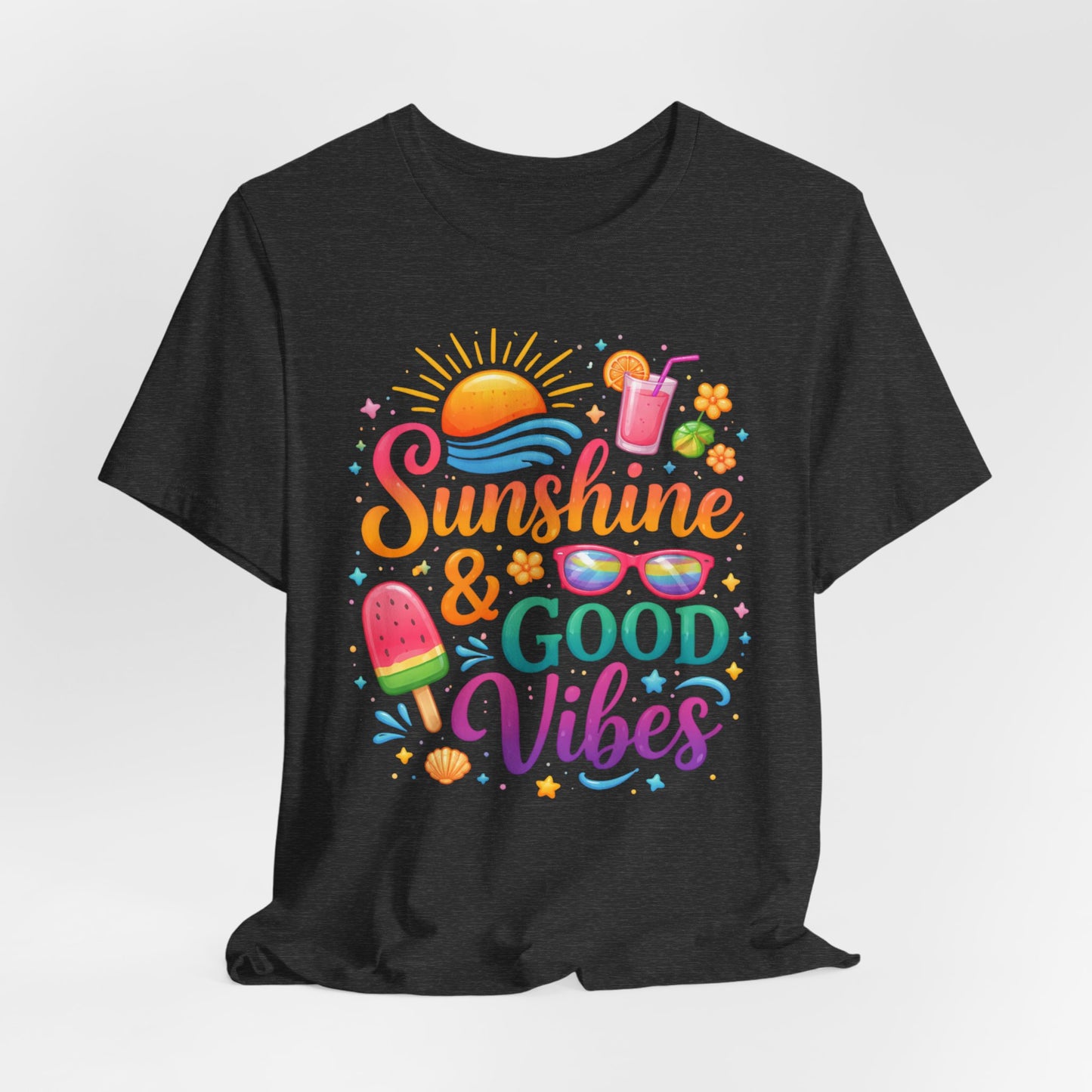 Sunshine & Good Vibes T-Shirt | Summer Beach Drink Sunglasses Popsicle Design
