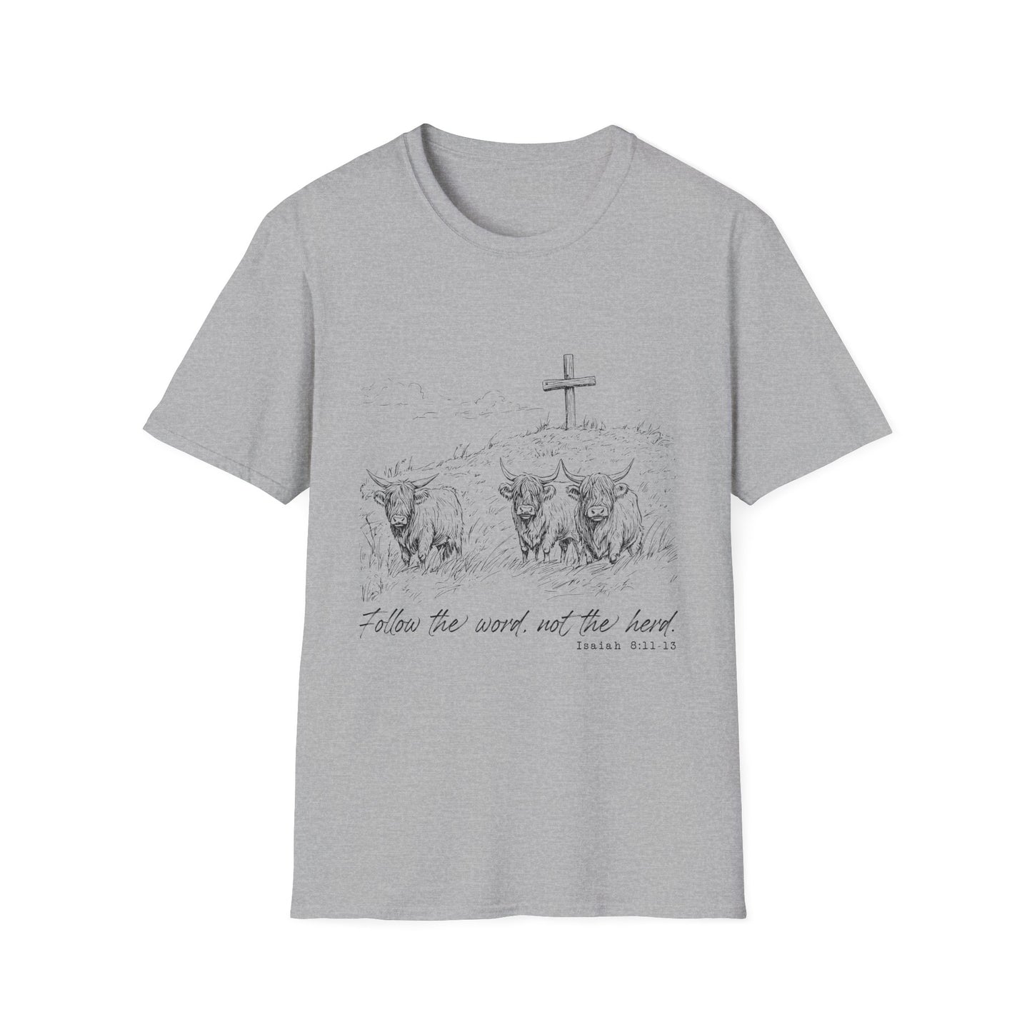Christian Cross & Oxen T-Shirt — “Follow the Sword, Not the Herd” Faith Graphic Tee