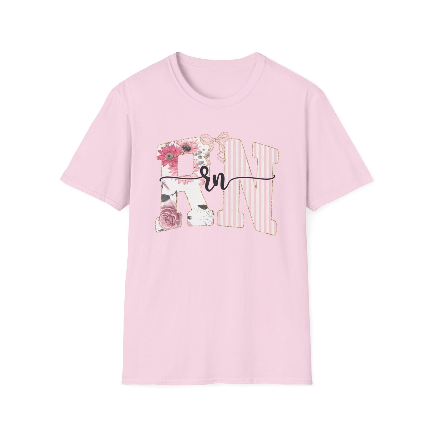 T-Shirt — RN Floral Script Design (Pink Stripes & Roses)