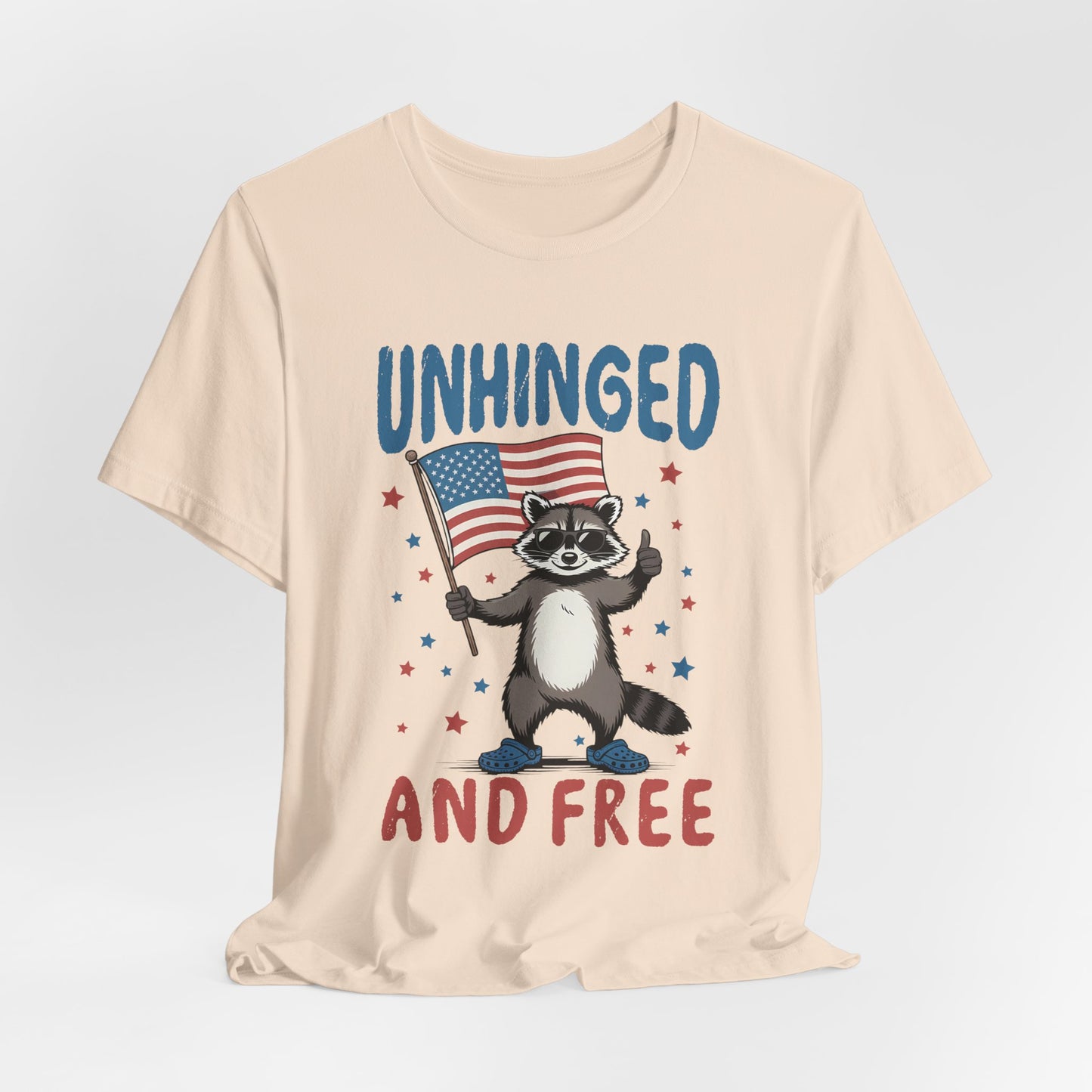 T‑Shirt — "Unhinged and Free" Raccoon American Flag Graphic Tee