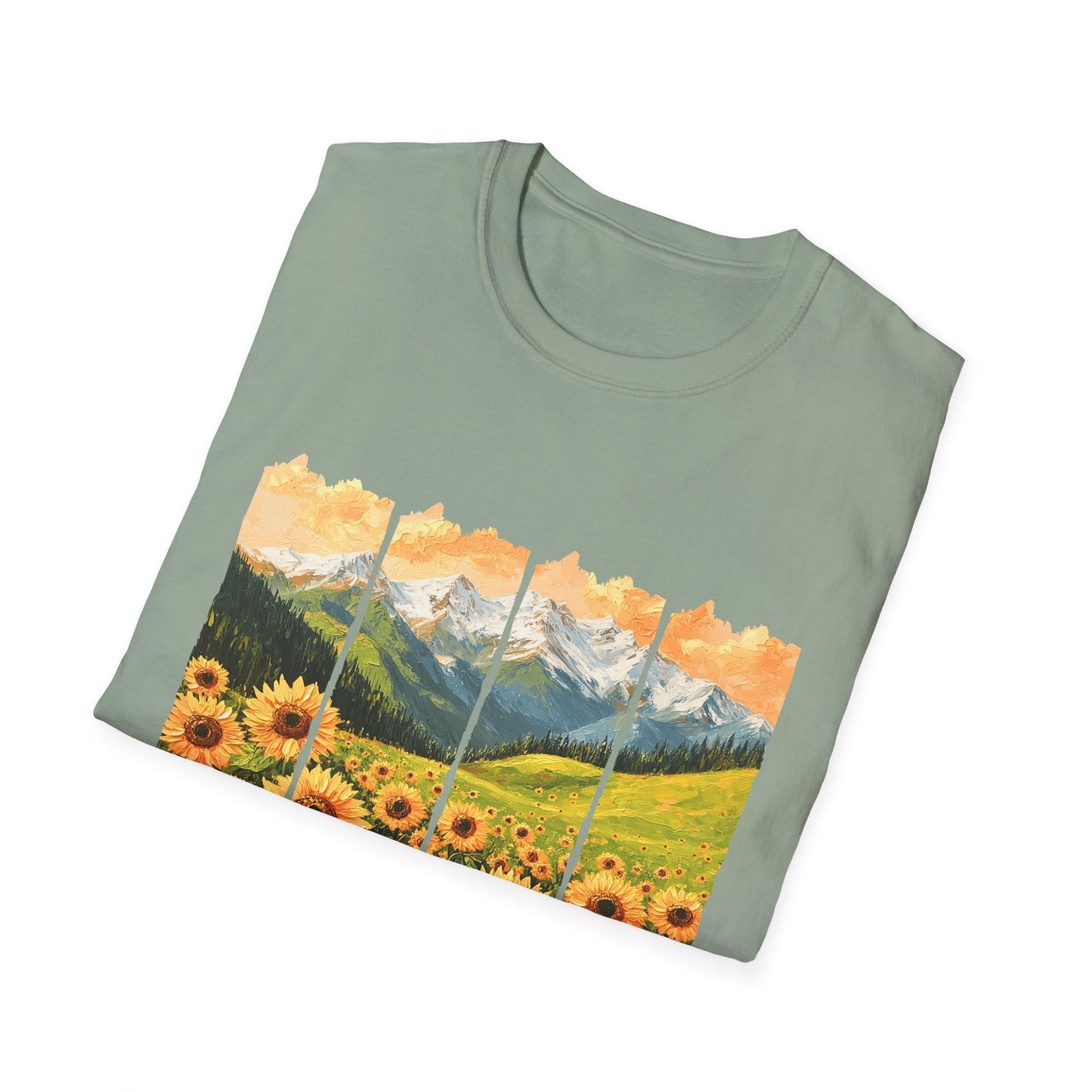 Sunflower Mountain Poster T-Shirt — Scenic Field & Peaks Graphic Tee