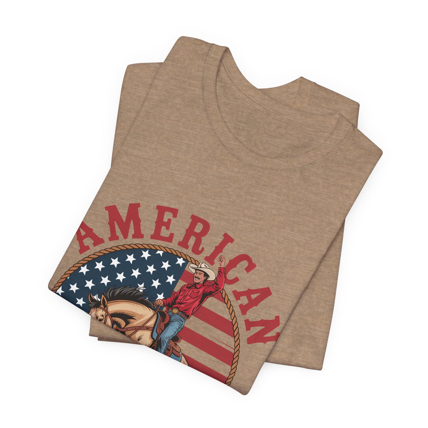 American Cowboy T-Shirt – patriotic rodeo tee with flag and rider