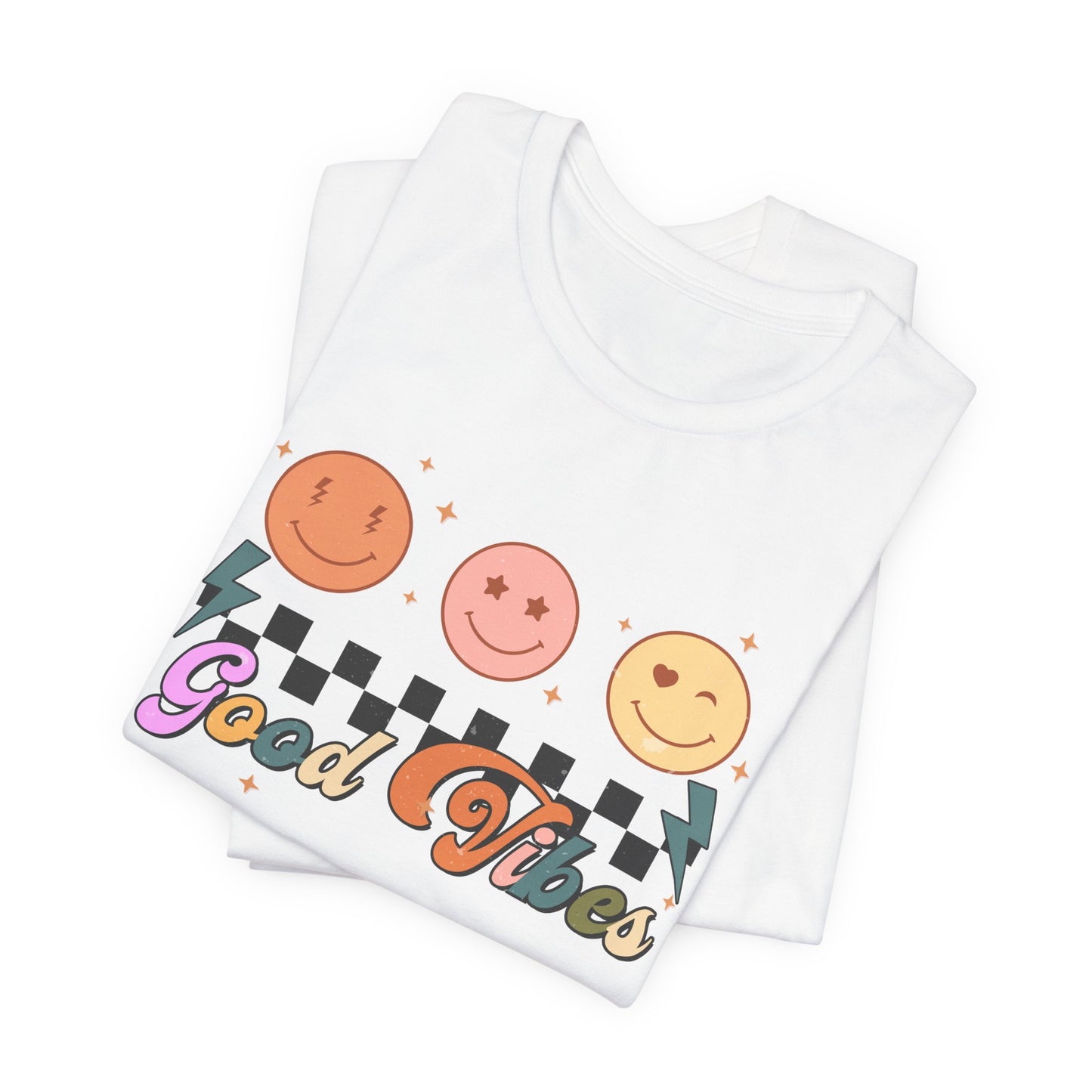 Good Vibes Smiley Tee — Retro Checkerboard Positive Graphic T-Shirt